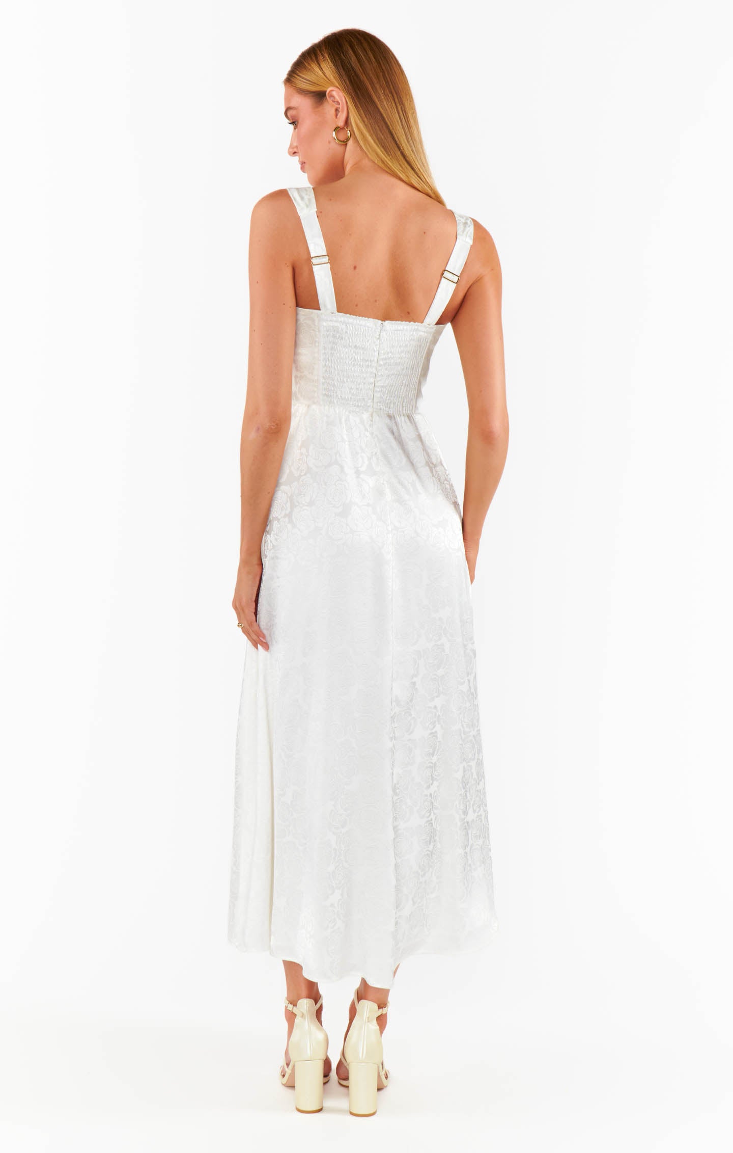 Nina White Rose Satin Midi Dress with Corset Bodice