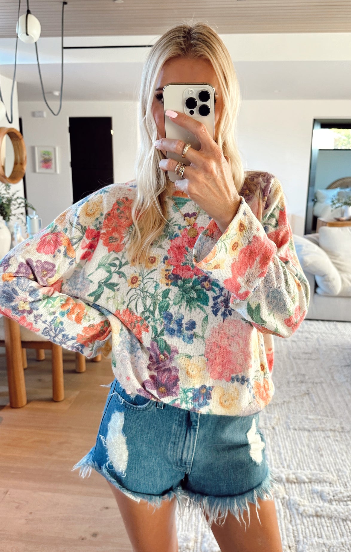 Sue Floral Knit Tunic Sweater with Cuffed Sleeves - Ivory