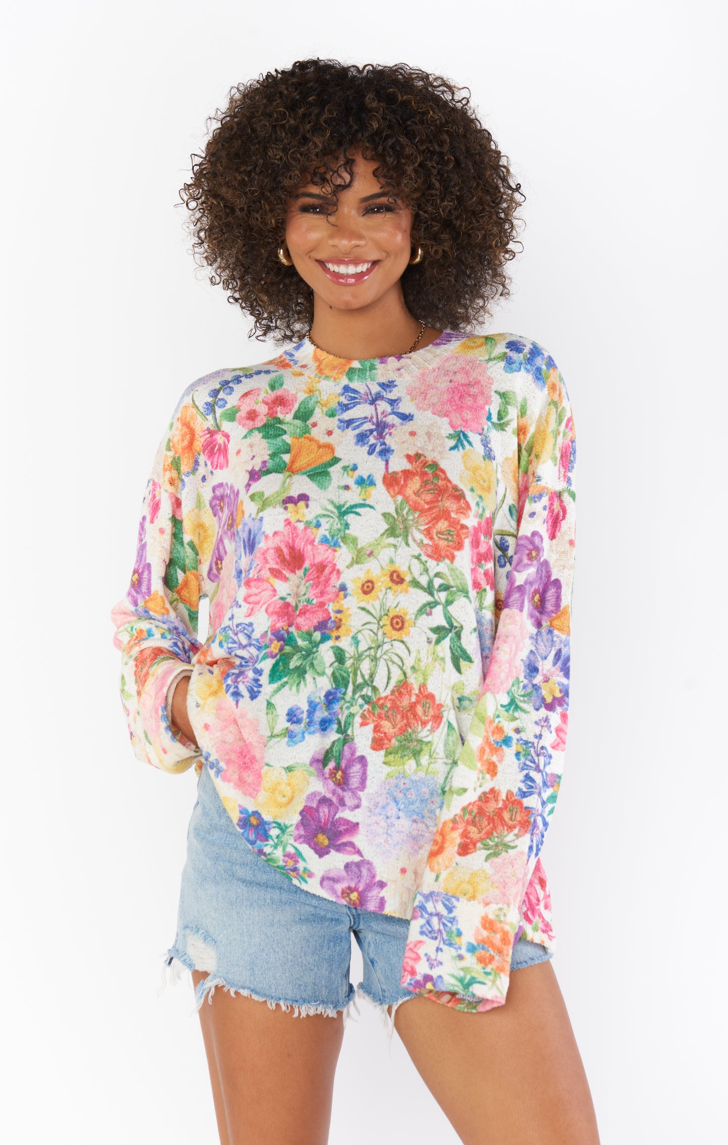 Sue Floral Knit Tunic Sweater with Cuffed Sleeves - Ivory