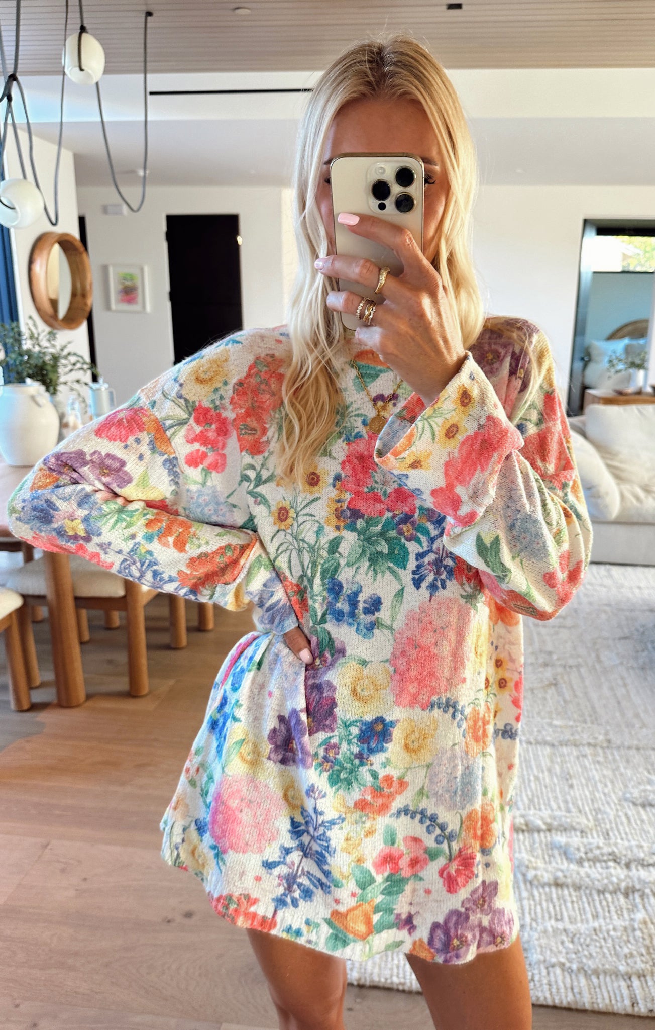 Sue Floral Knit Tunic Sweater with Cuffed Sleeves - Ivory