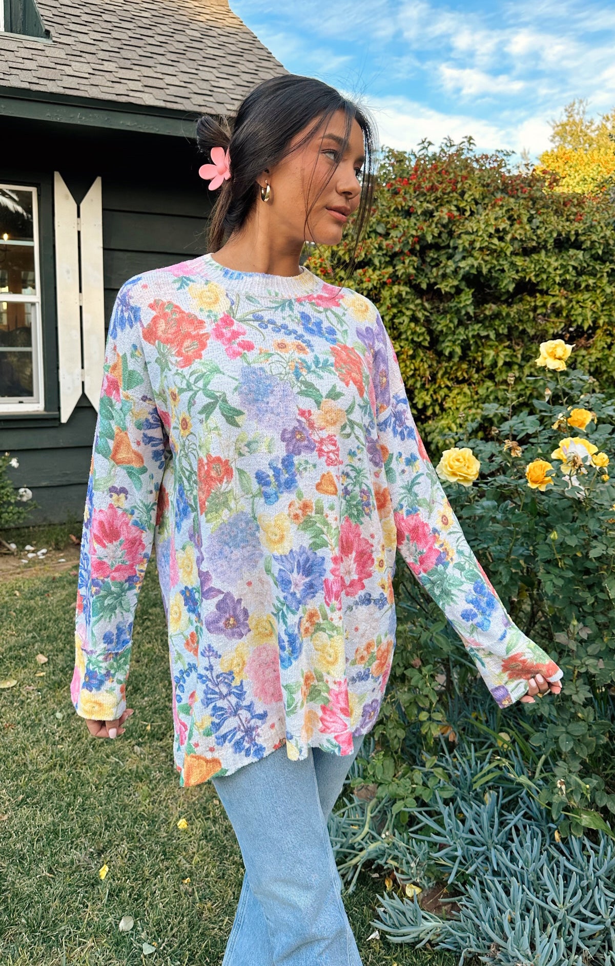 Sue Floral Knit Tunic Sweater with Cuffed Sleeves - Ivory