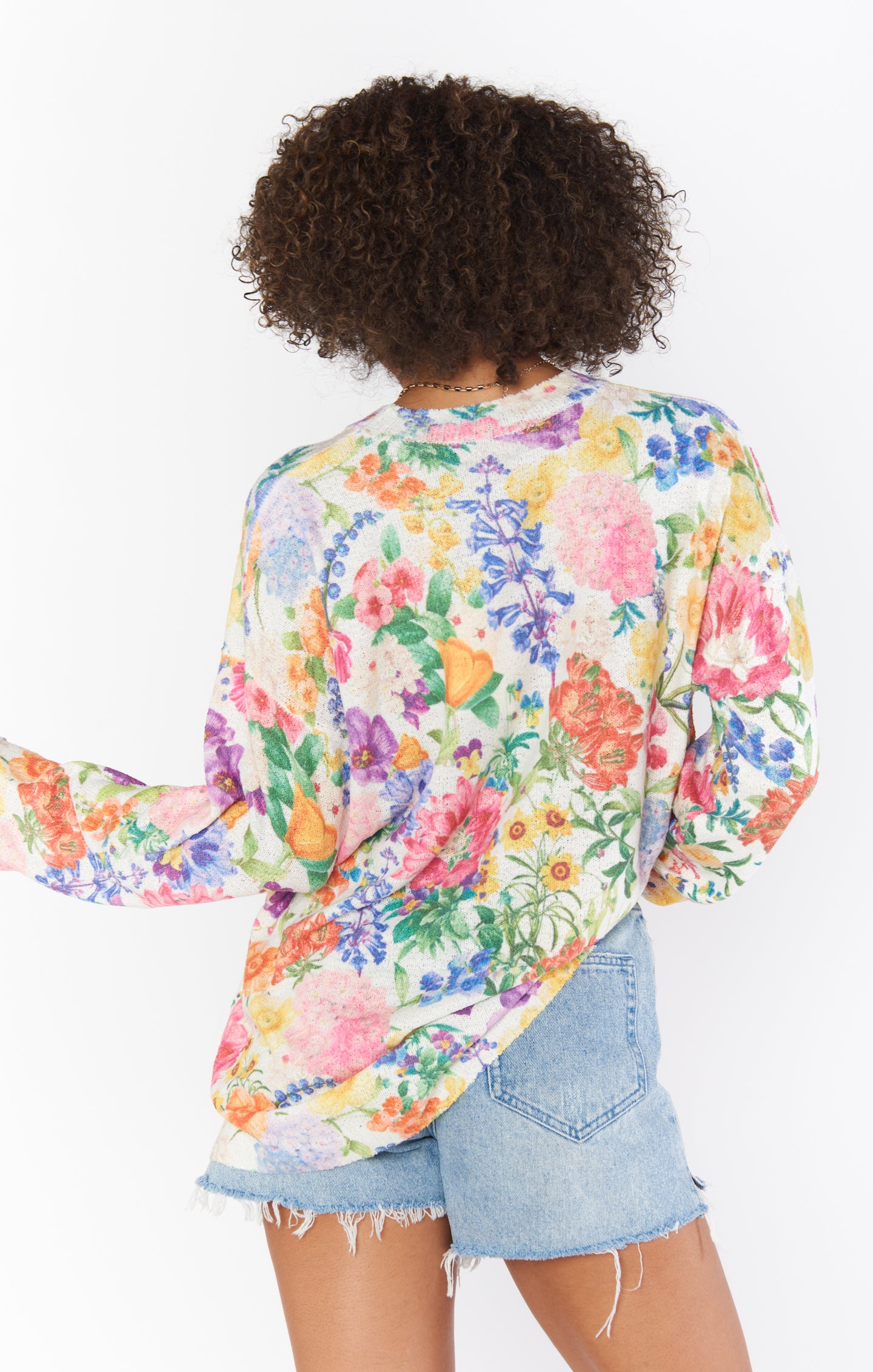Sue Floral Knit Tunic Sweater with Cuffed Sleeves - Ivory