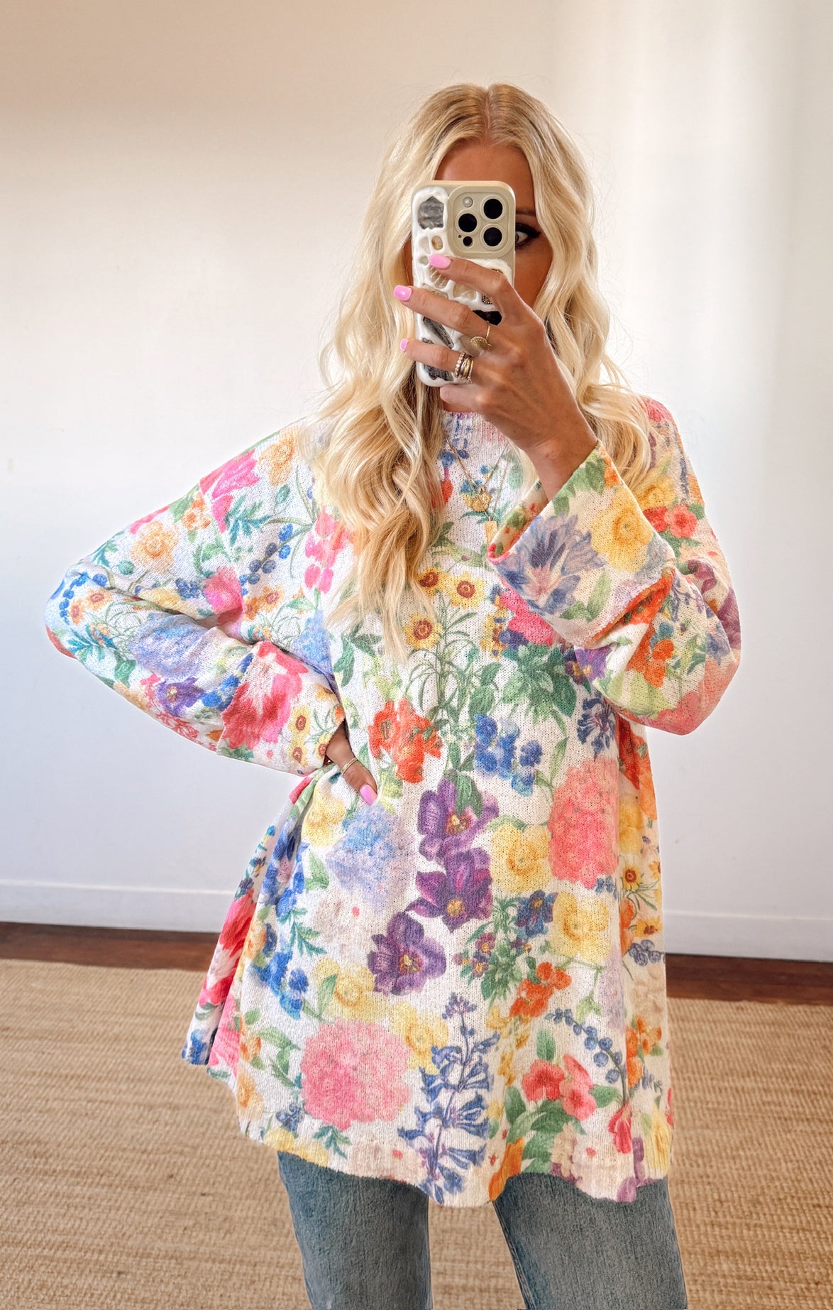 Sue Floral Knit Tunic Sweater with Cuffed Sleeves - Ivory