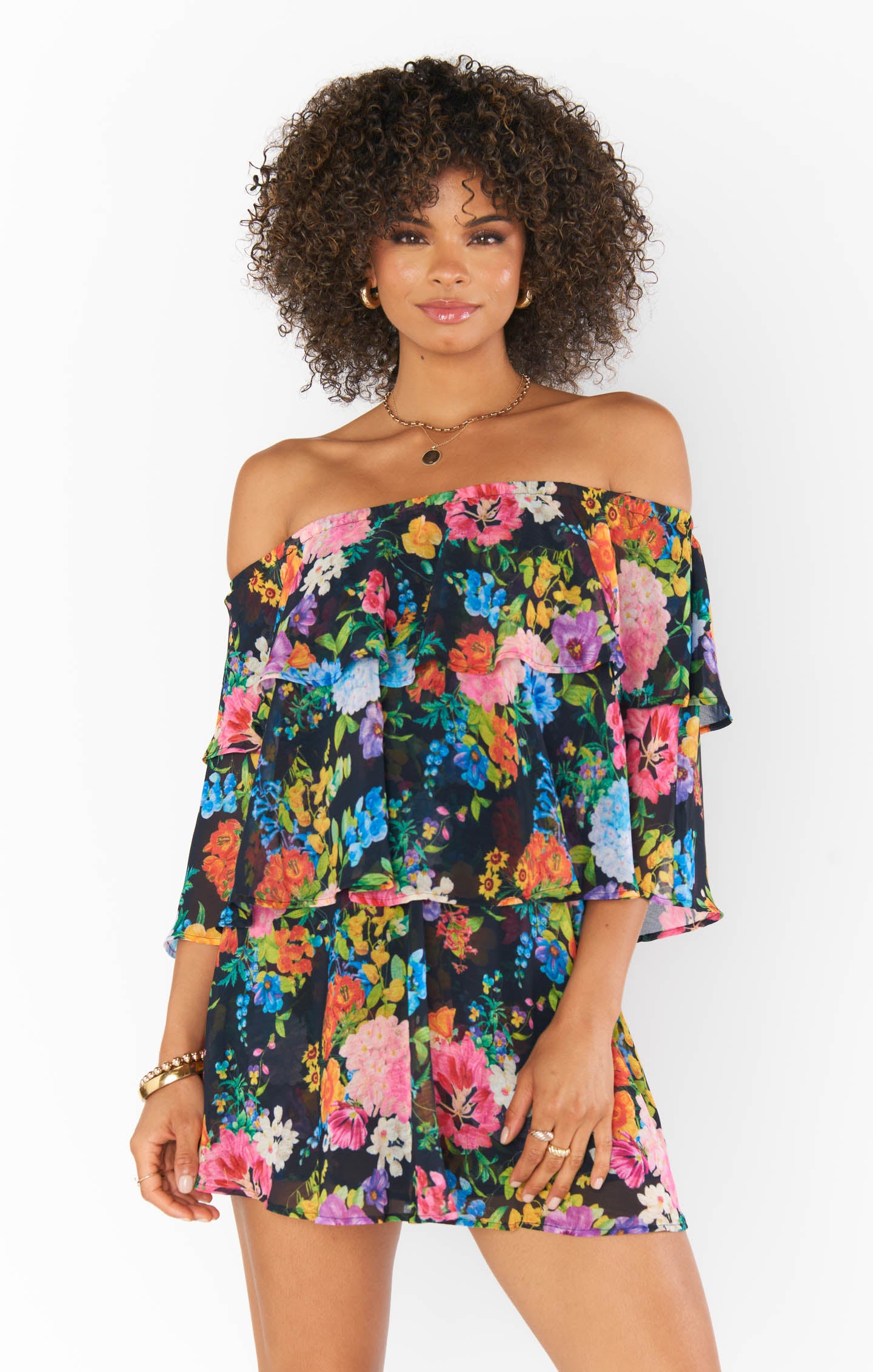 Off-Shoulder Floral Romper with Ruffles - Midnight Botanical