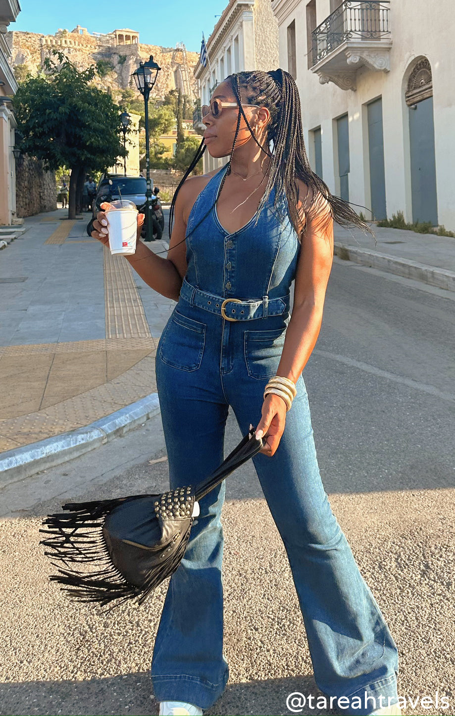 1970s Denim Jumpsuit with Belted Waist in Ridge Blue