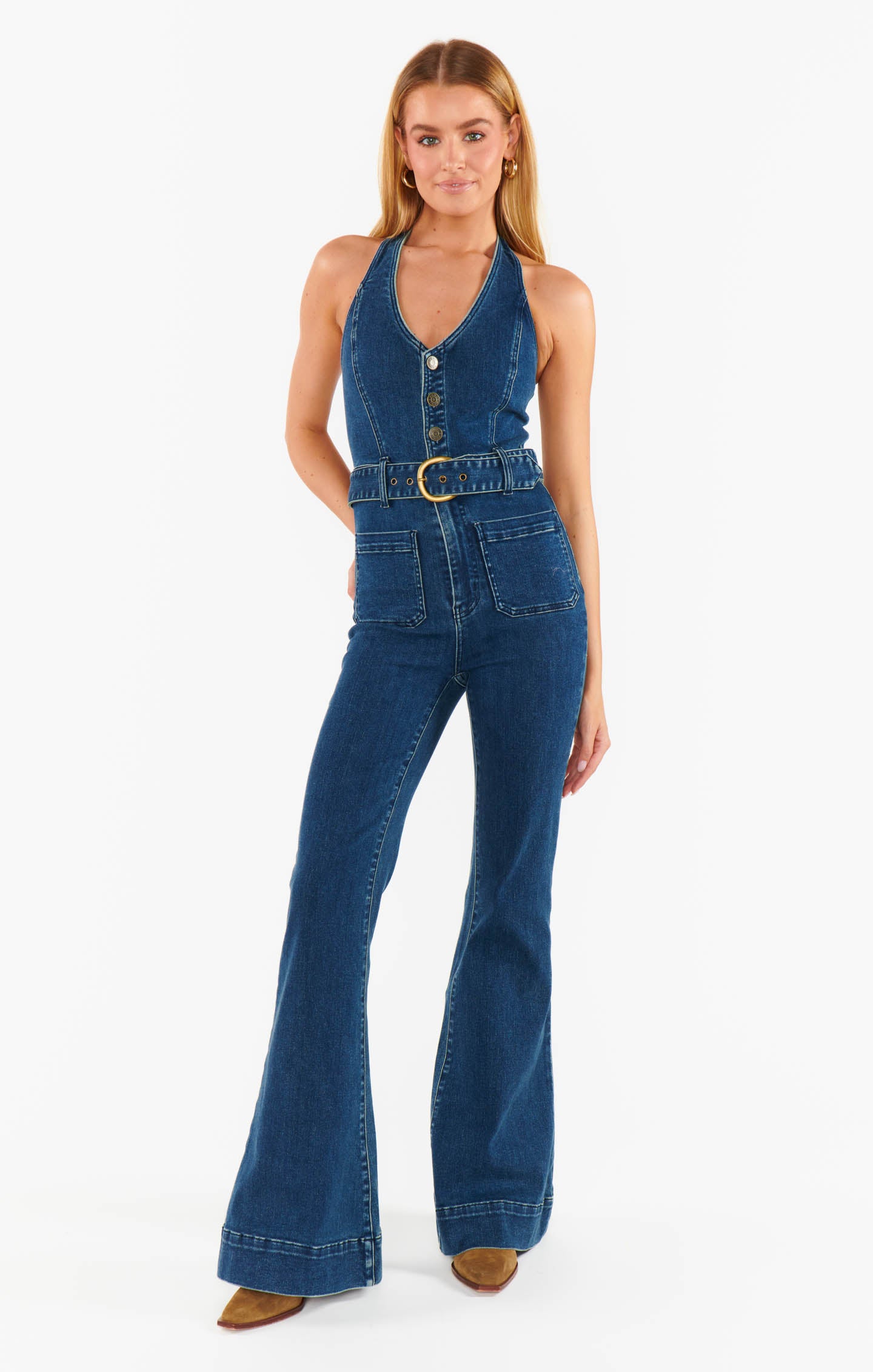 1970s Denim Jumpsuit with Belted Waist in Ridge Blue