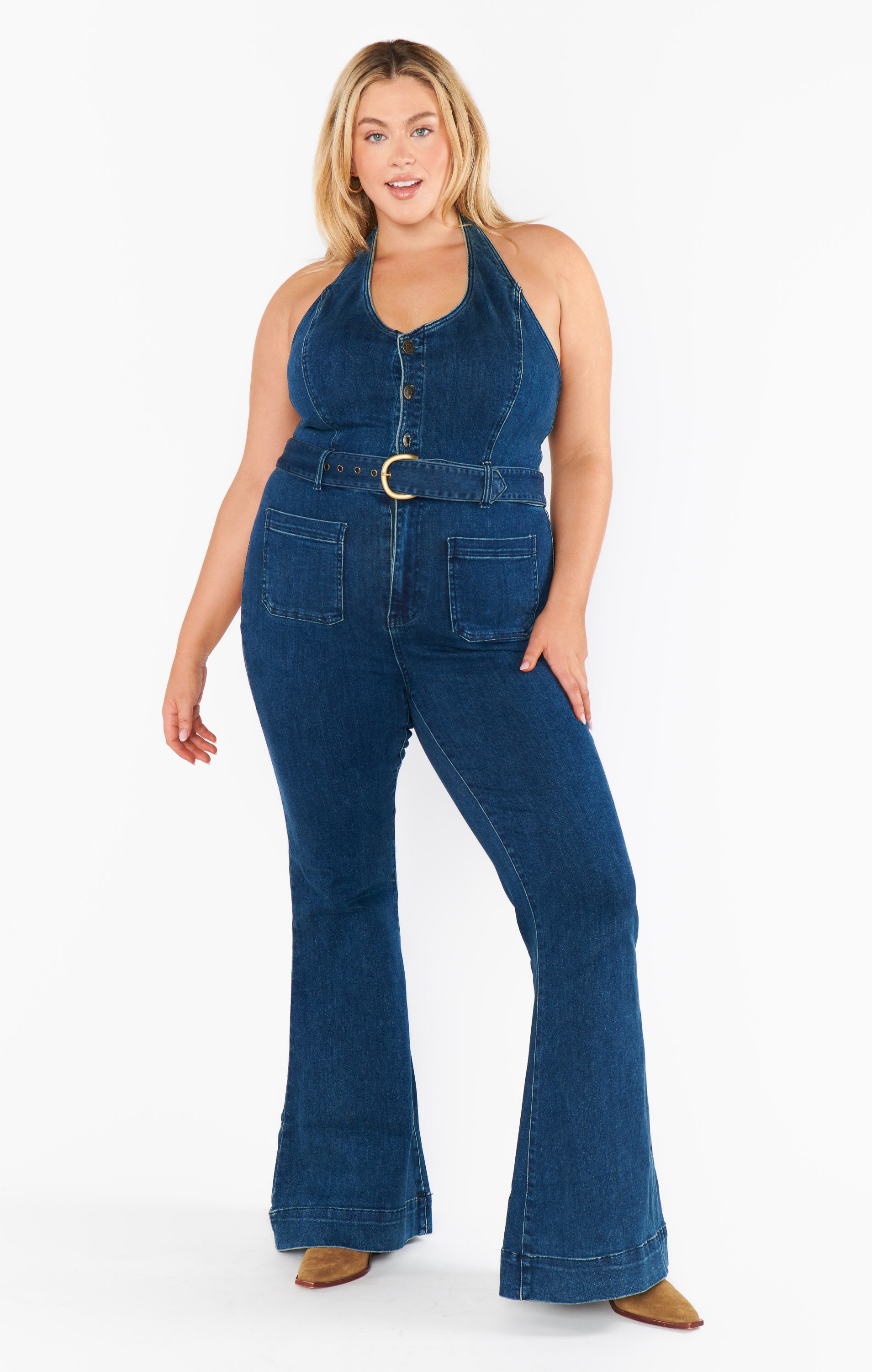 1970s Denim Jumpsuit with Belted Waist in Ridge Blue
