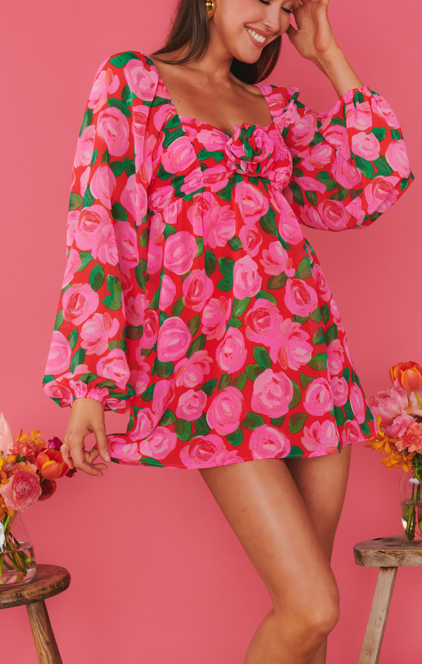 Becca Babydoll Dress - Pink Long Sleeve Spring Dress
