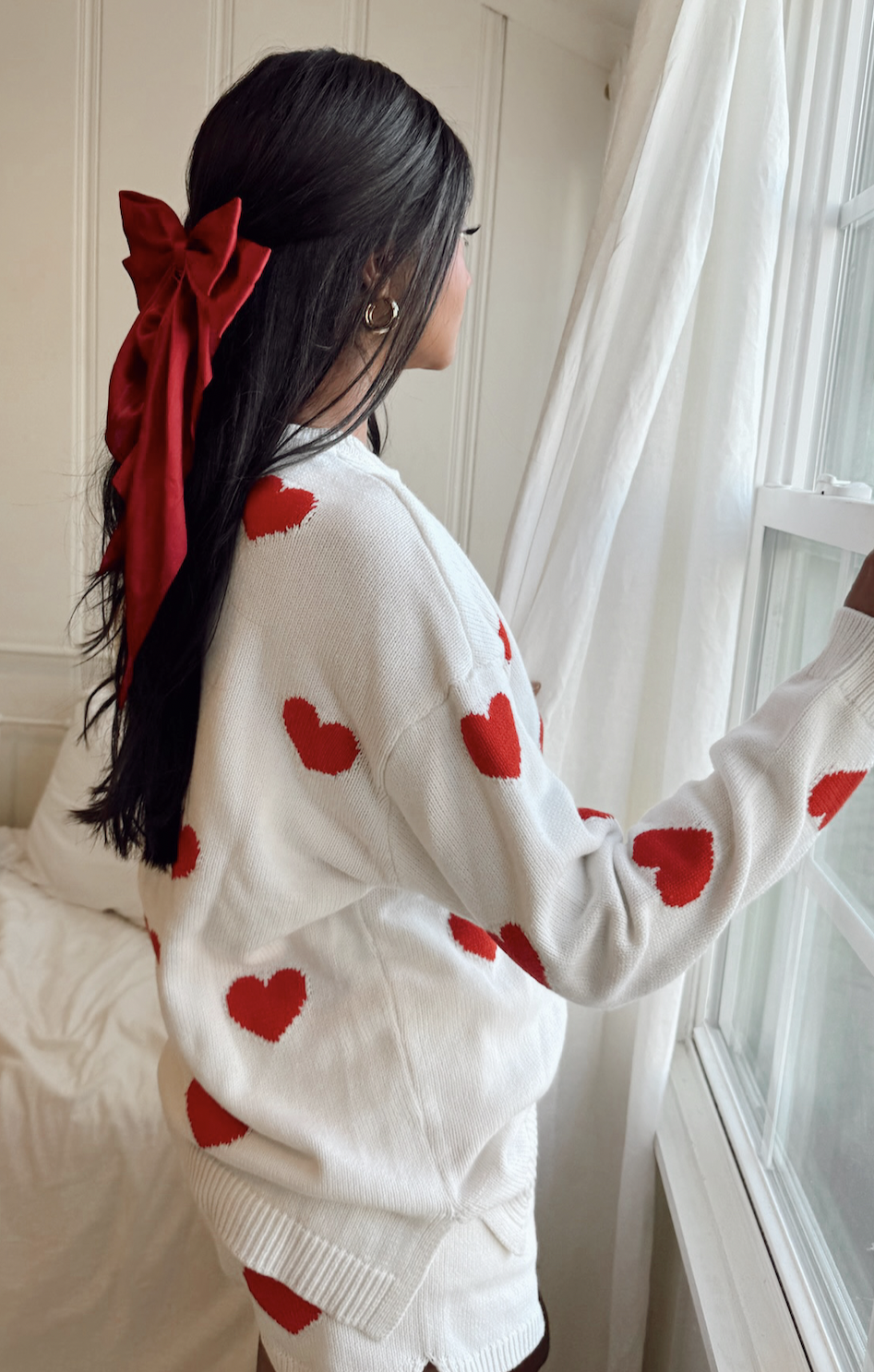 Red Heart Knit Sweater - Cozy Crewneck for Women