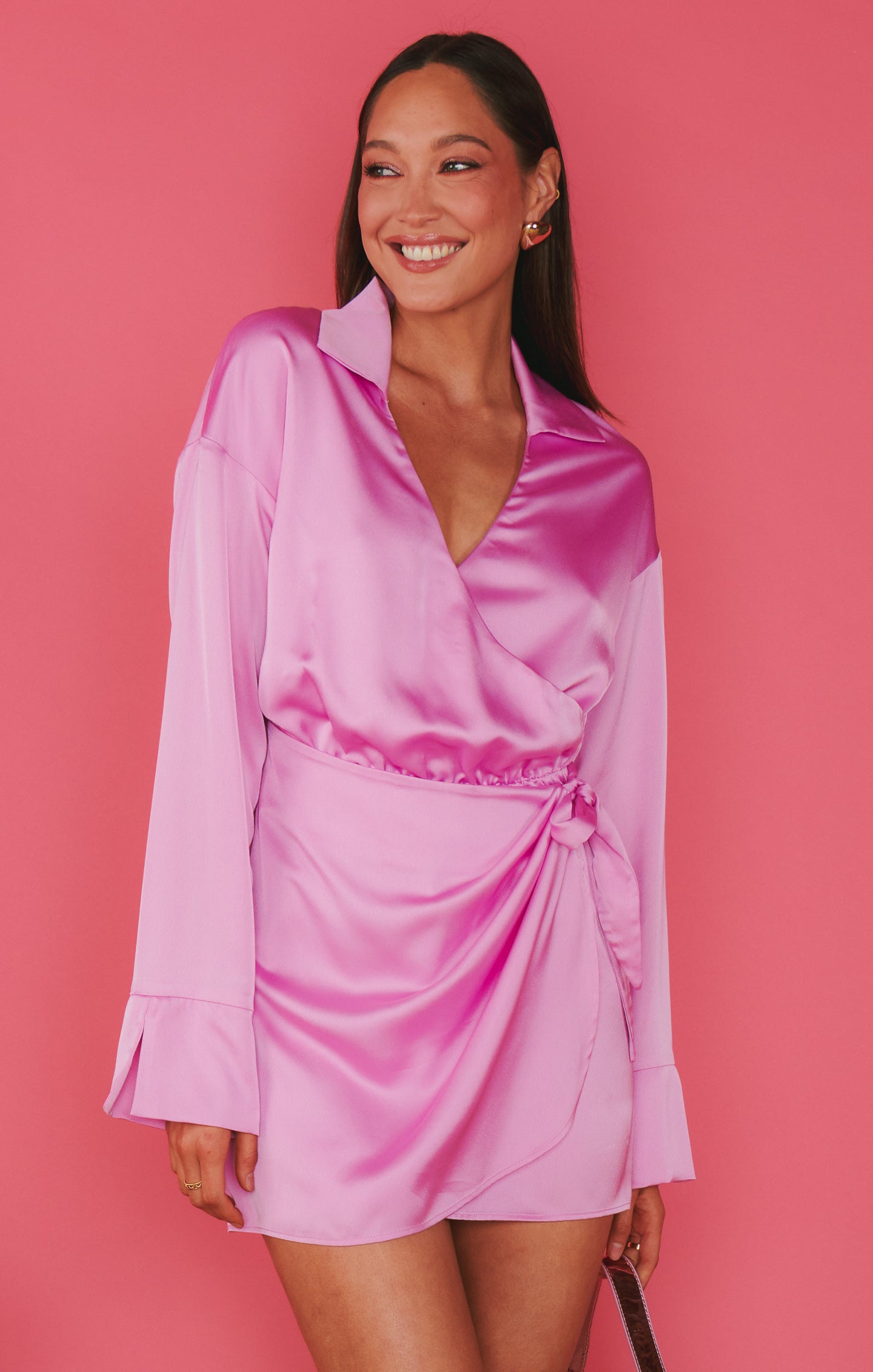 Clara Collared Mini Dress in Luxe Satin - Purple Pink