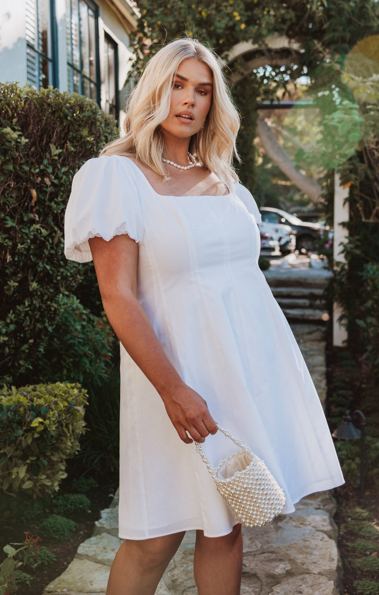 Mia White Poplin Dress with Poof Sleeves & Smocked Back