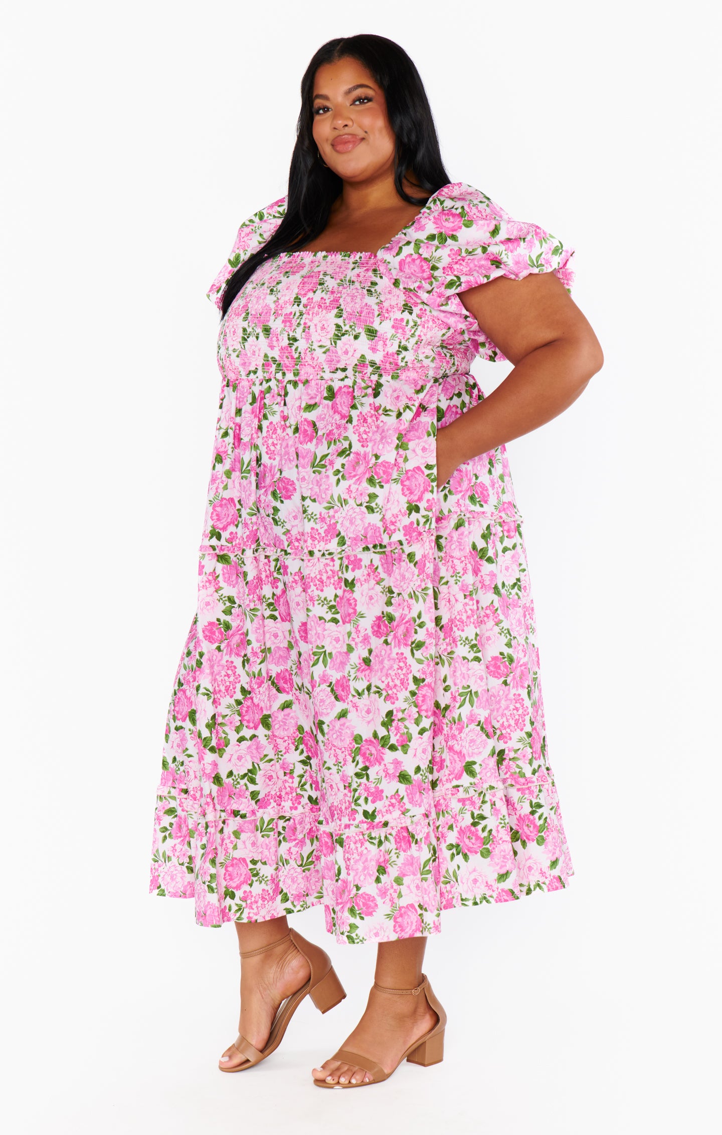 Floral Midi Dress with Pockets - Cottagecore Pink Tea Dress