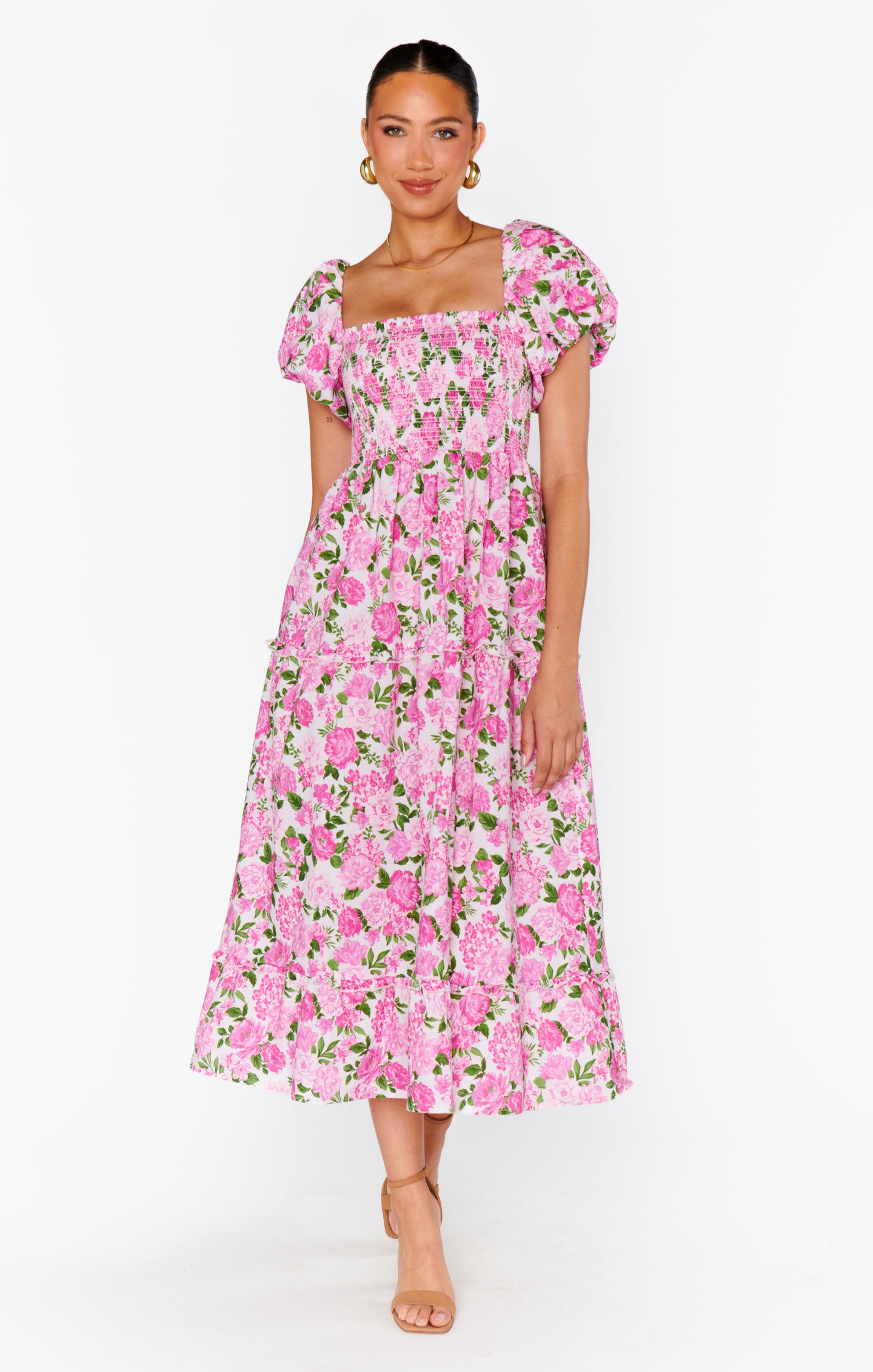 Floral Midi Dress with Pockets - Cottagecore Pink Tea Dress