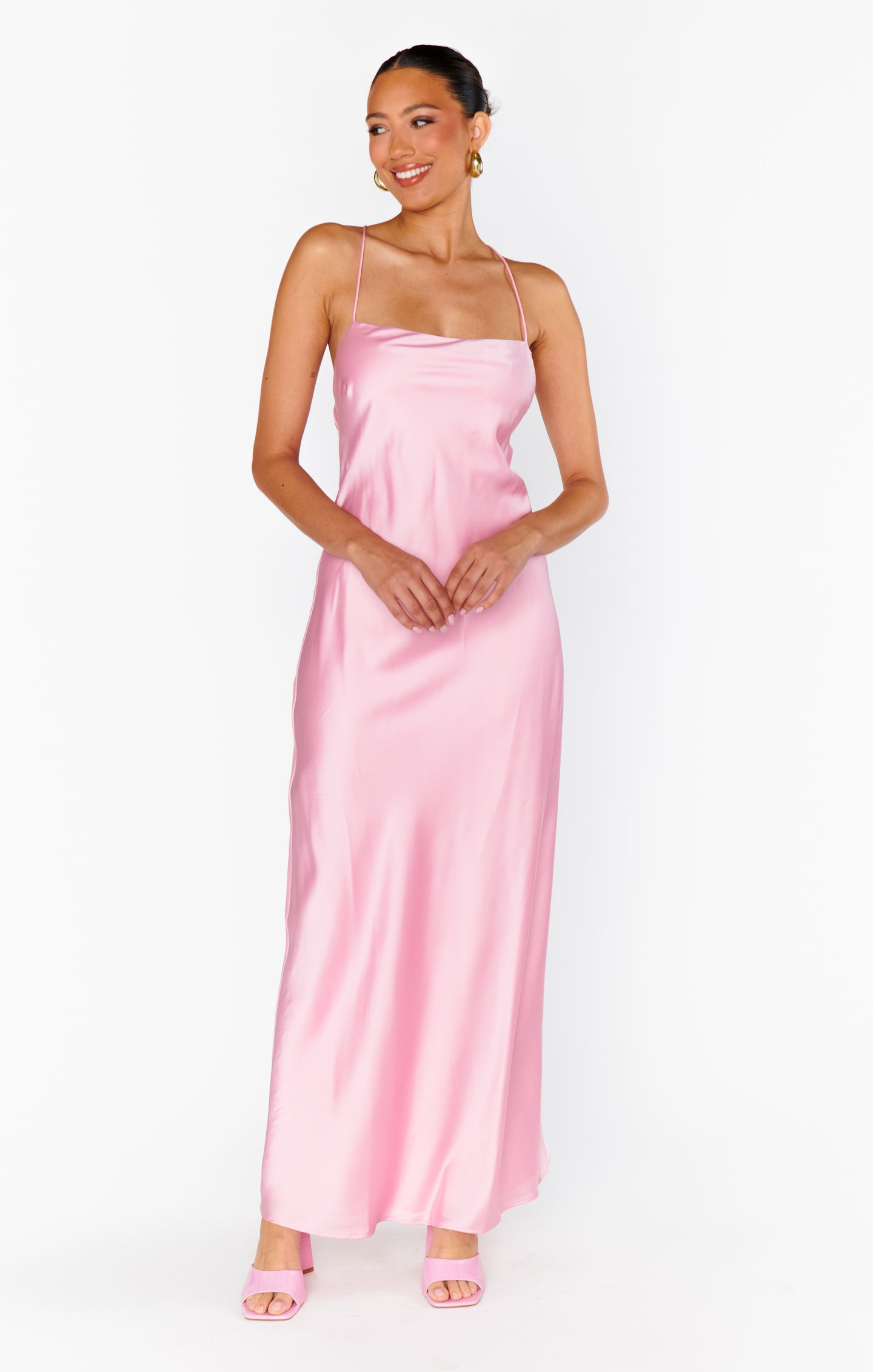 Dani Satin Slip Dress - Light Pink Maxi with Square Neck & Open Back