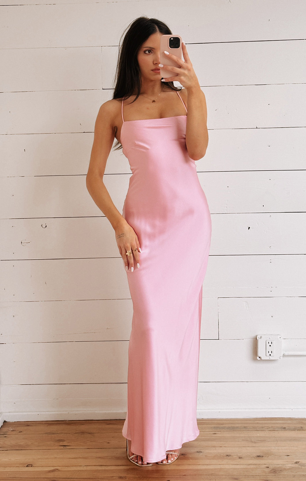 Dani Satin Slip Dress - Light Pink Maxi with Square Neck & Open Back