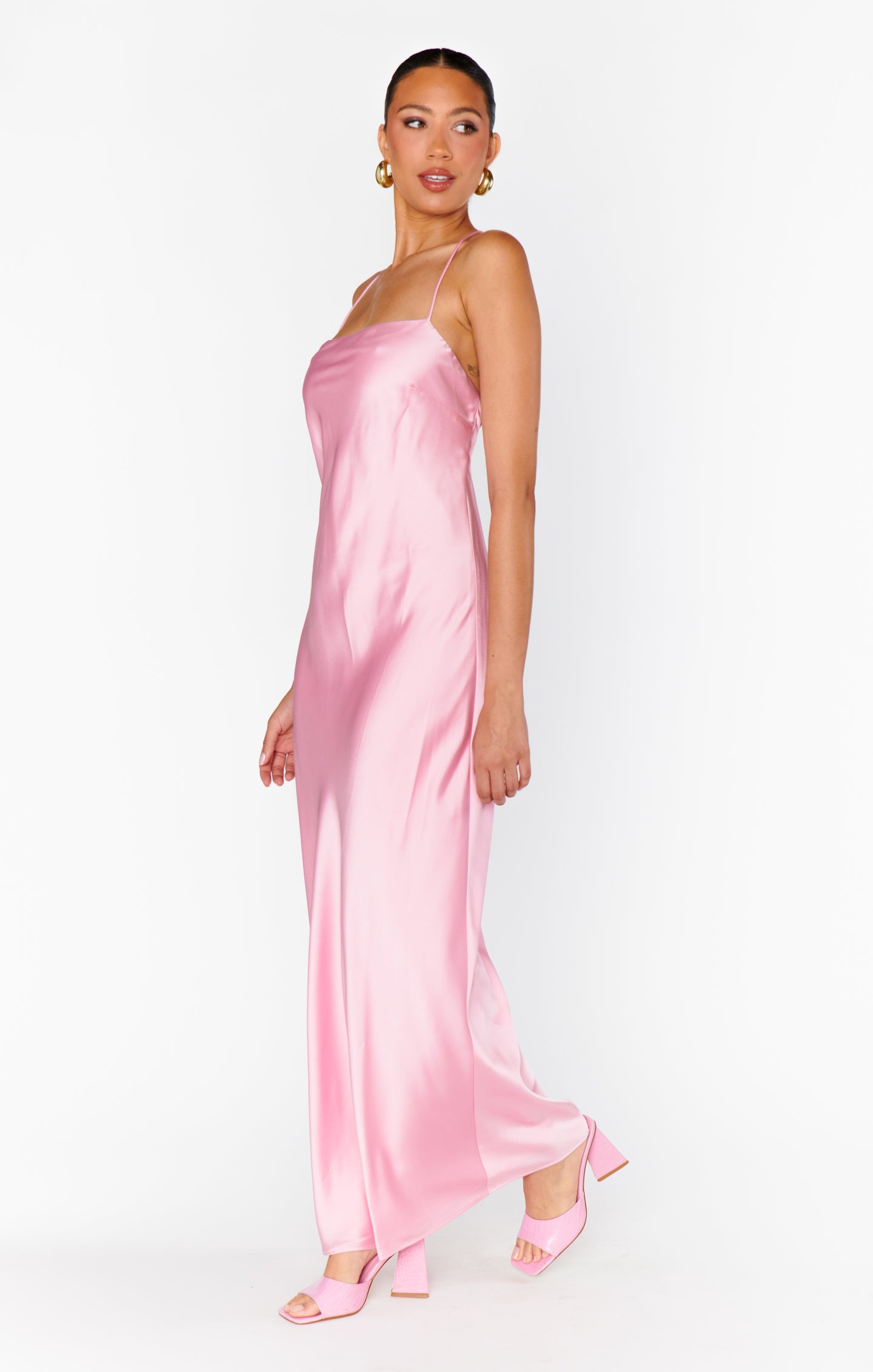 Dani Satin Slip Dress - Light Pink Maxi with Square Neck & Open Back