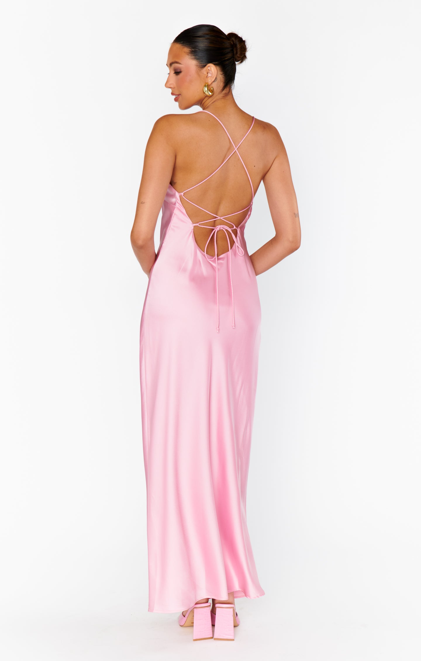 Dani Satin Slip Dress - Light Pink Maxi with Square Neck & Open Back