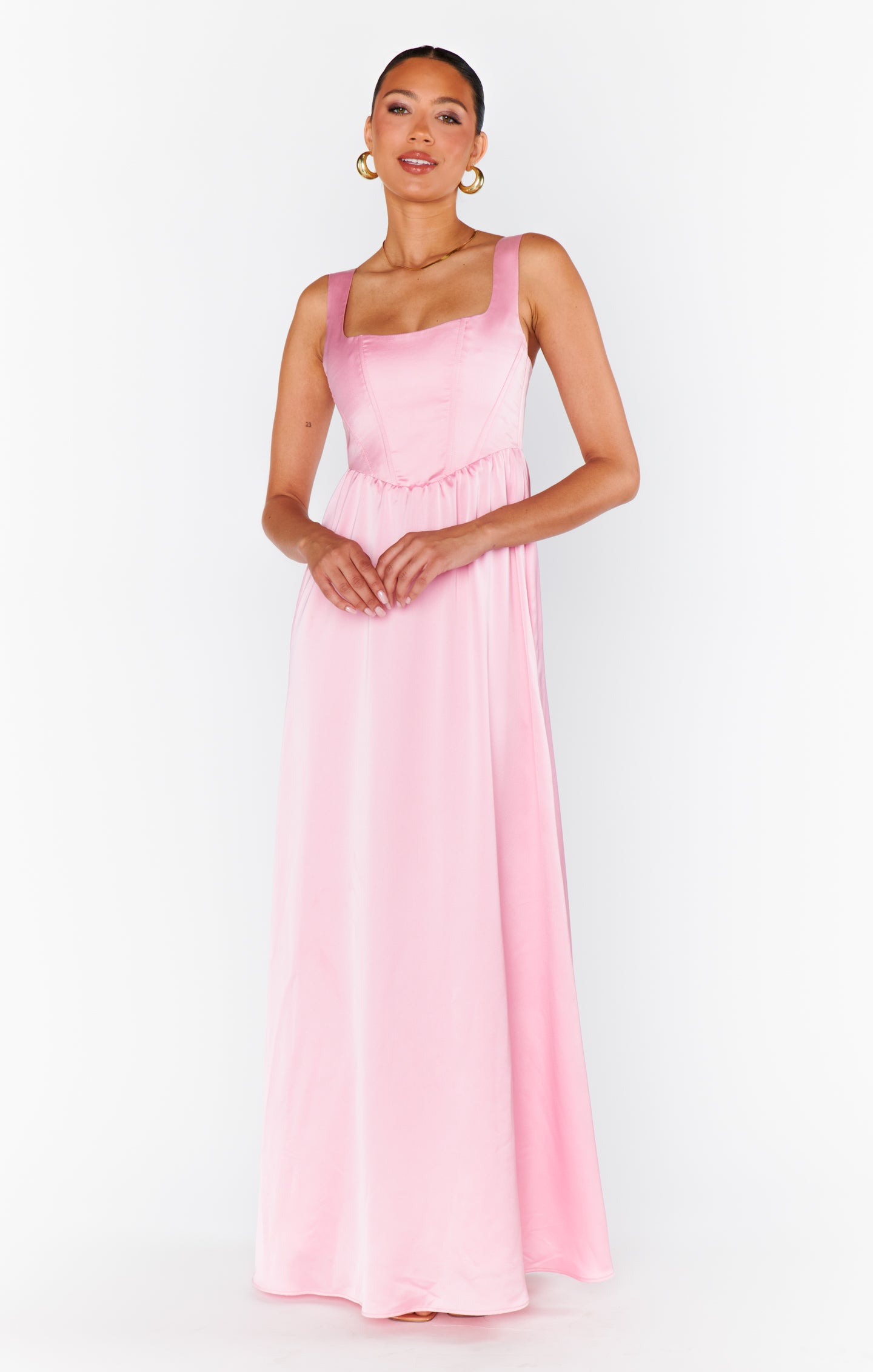 Nina Luxe Satin Maxi Dress with Corset Bodice - Light Pink