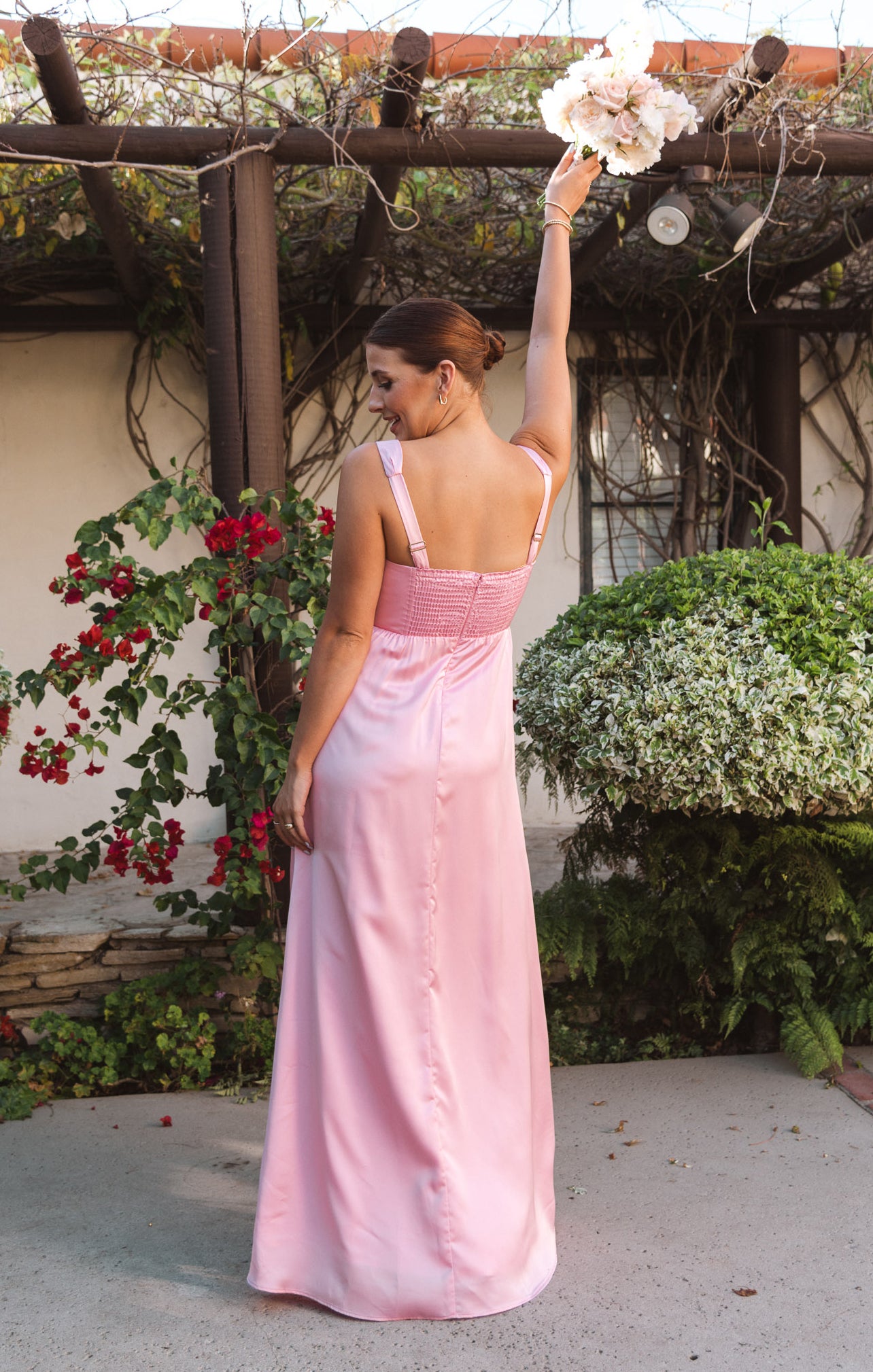 Nina Luxe Satin Maxi Dress with Corset Bodice - Light Pink