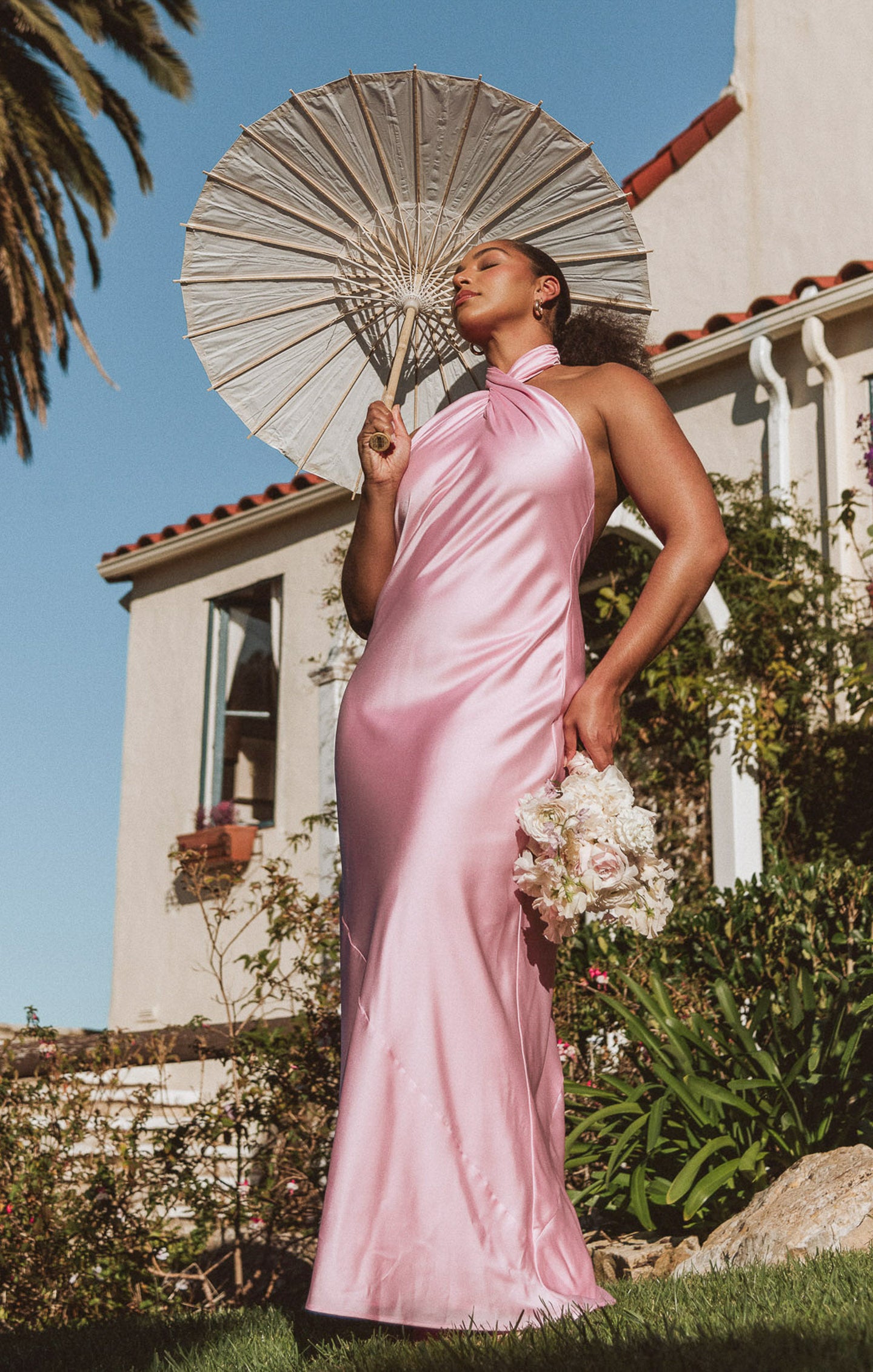Jasmine Halter Maxi Dress - Light Pink Satin for Special Occasions