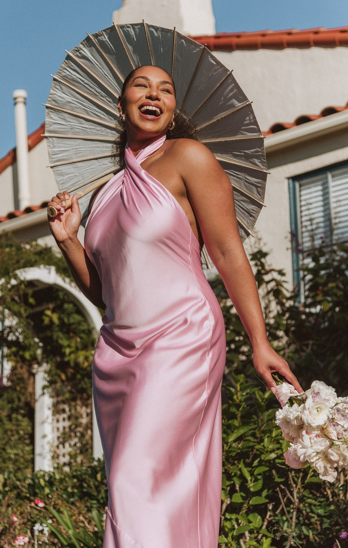 Jasmine Halter Maxi Dress - Light Pink Satin for Special Occasions