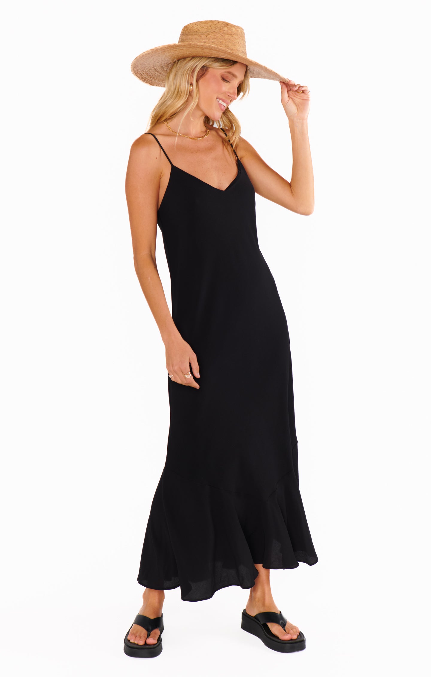 Heather McMahan Uptown Slip Dress - Black V-Neck Maxi with Shelf Bra