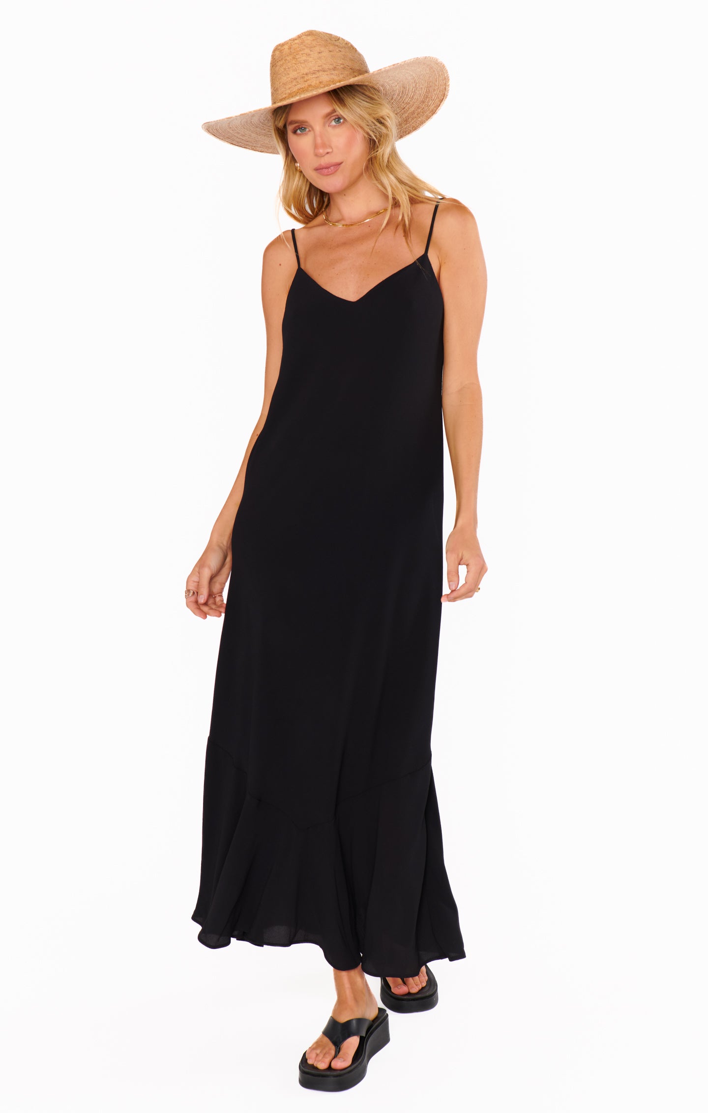 Heather McMahan Uptown Slip Dress - Black V-Neck Maxi with Shelf Bra
