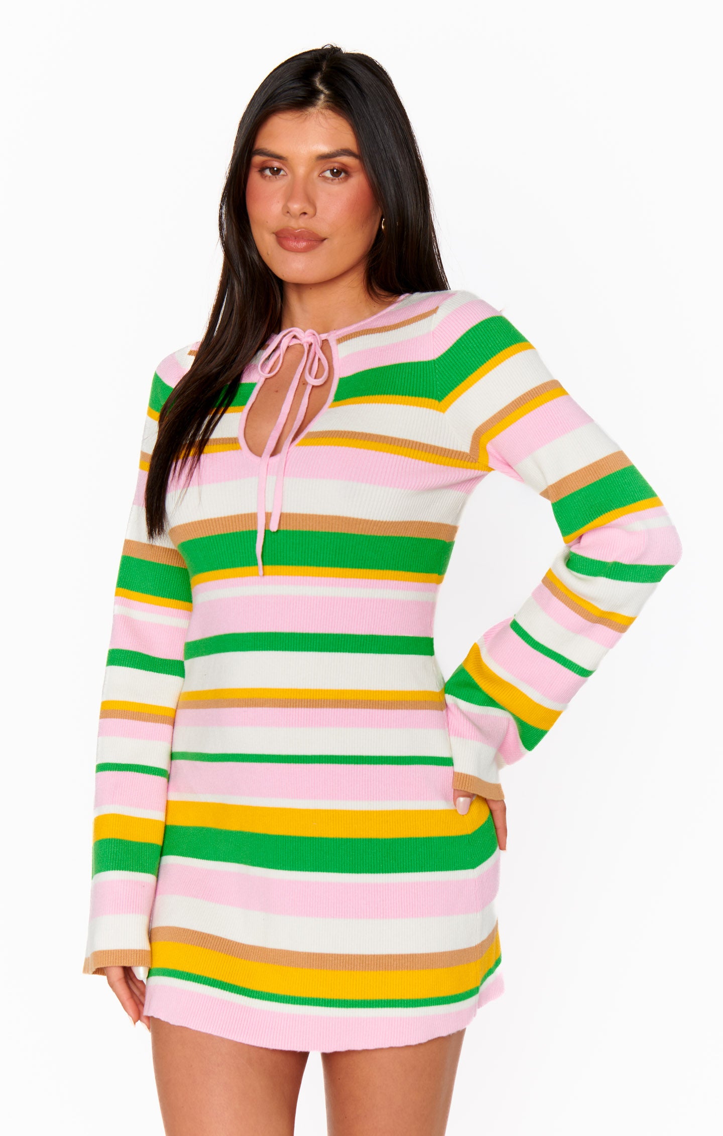 Rib Knit Mini Dress with Tie Front - Away Long Sleeve Dress