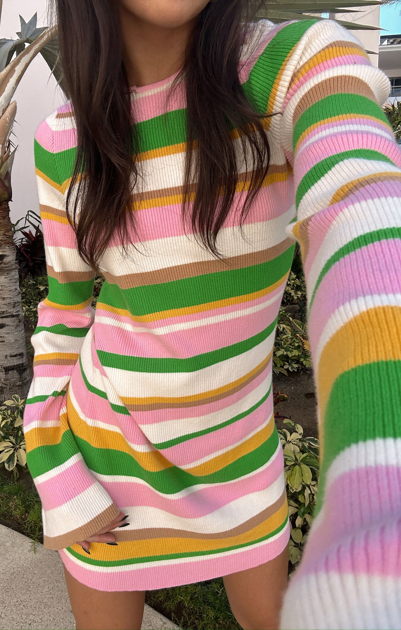 Rib Knit Mini Dress with Tie Front - Away Long Sleeve Dress