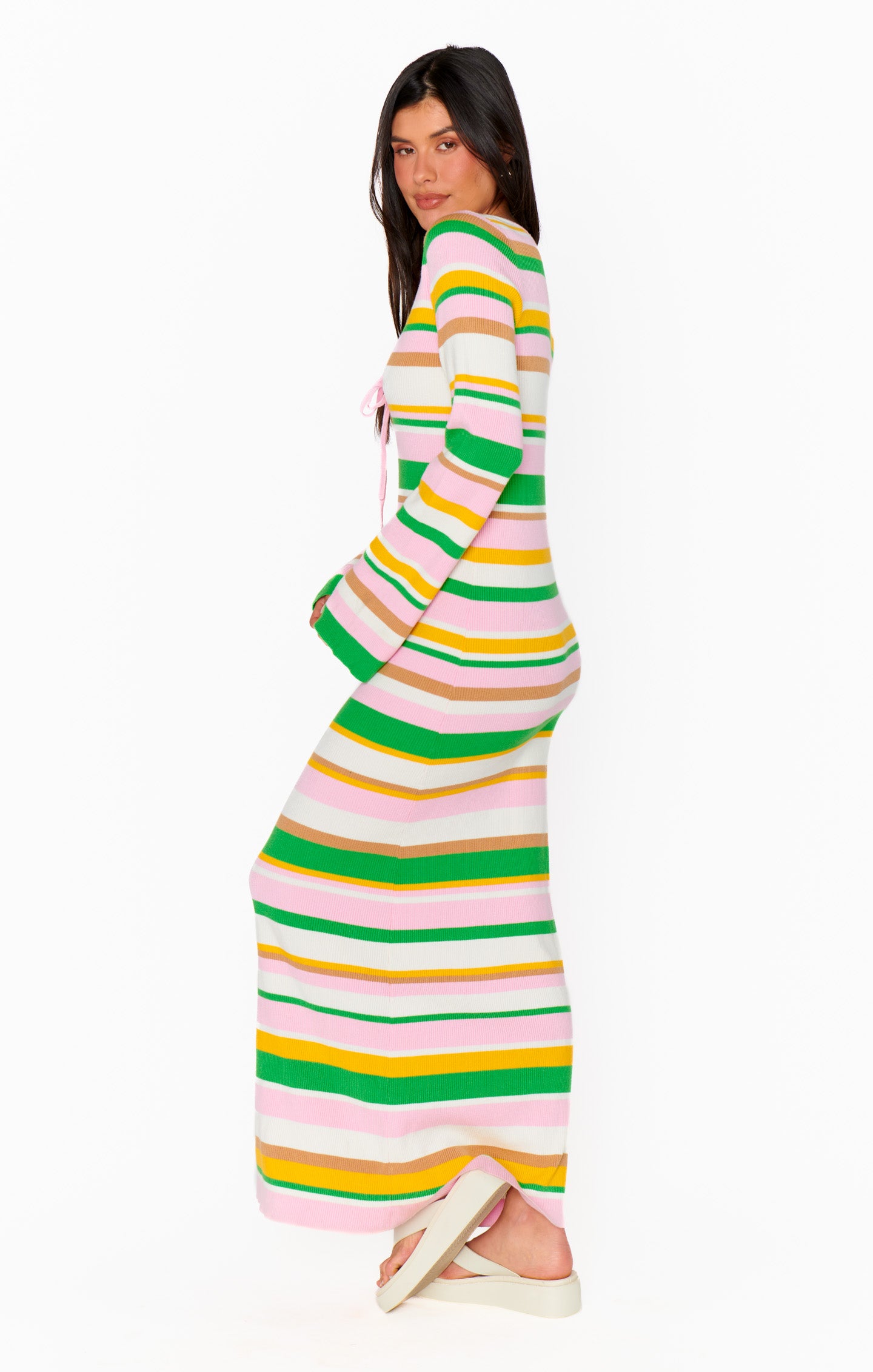Vacay Rib Knit Maxi Dress with Tie Front – Long Sleeve Coverup
