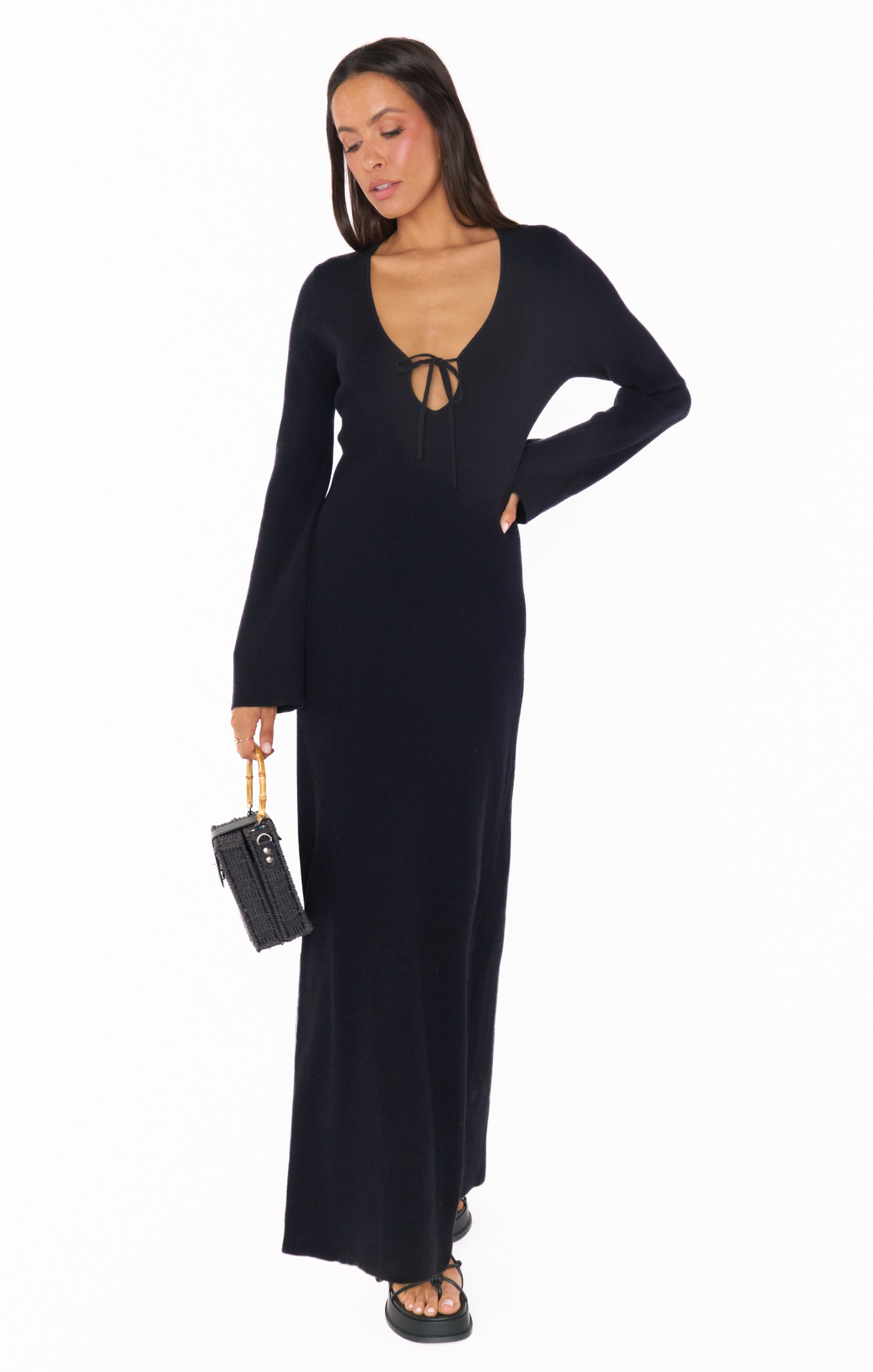 Black Rib Knit Maxi Dress with Tie Front - Vacay Long Sleeve Dress