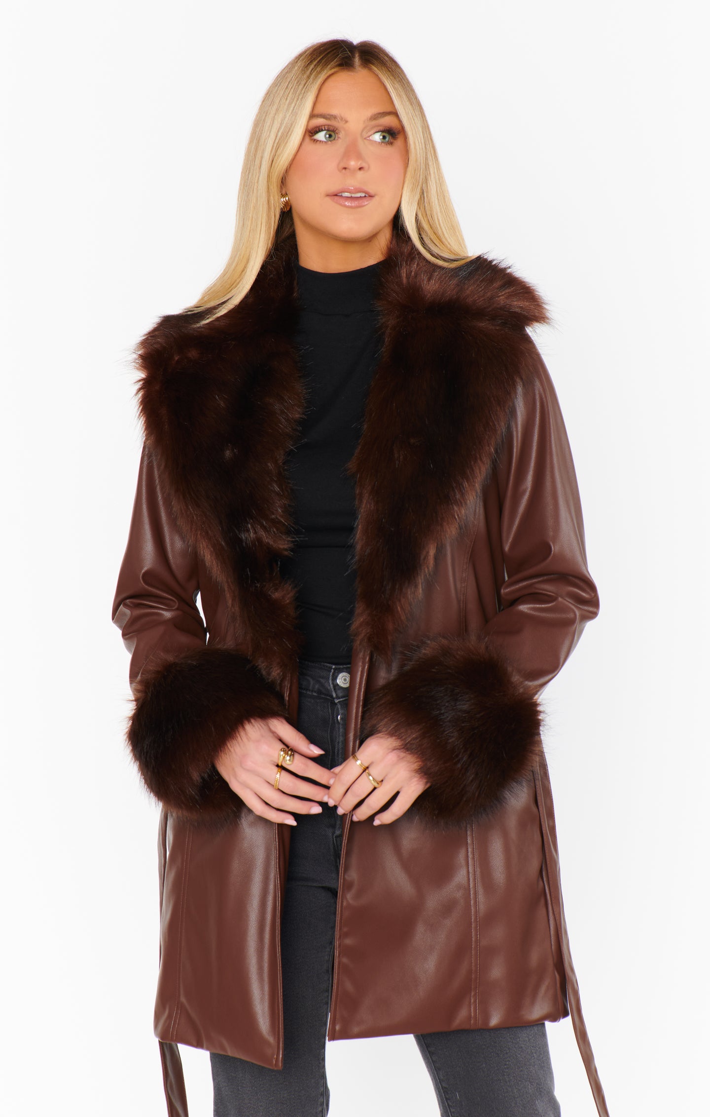 Penny Lane Cocoa Faux Leather Coat with Faux Fur Collar