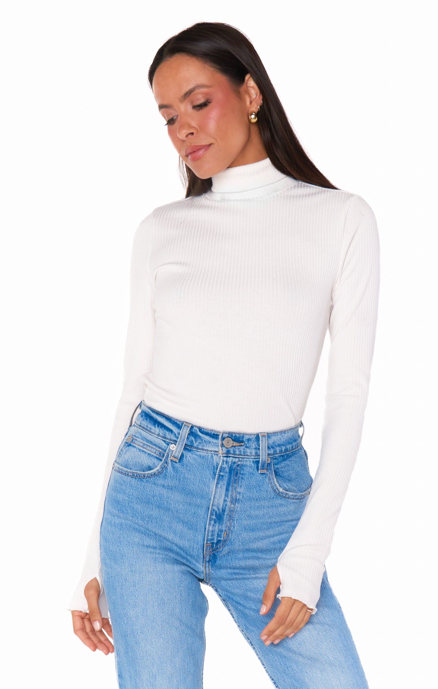 White Rib Knit Mock Neck Long Sleeve Top - Winter Layering Essential