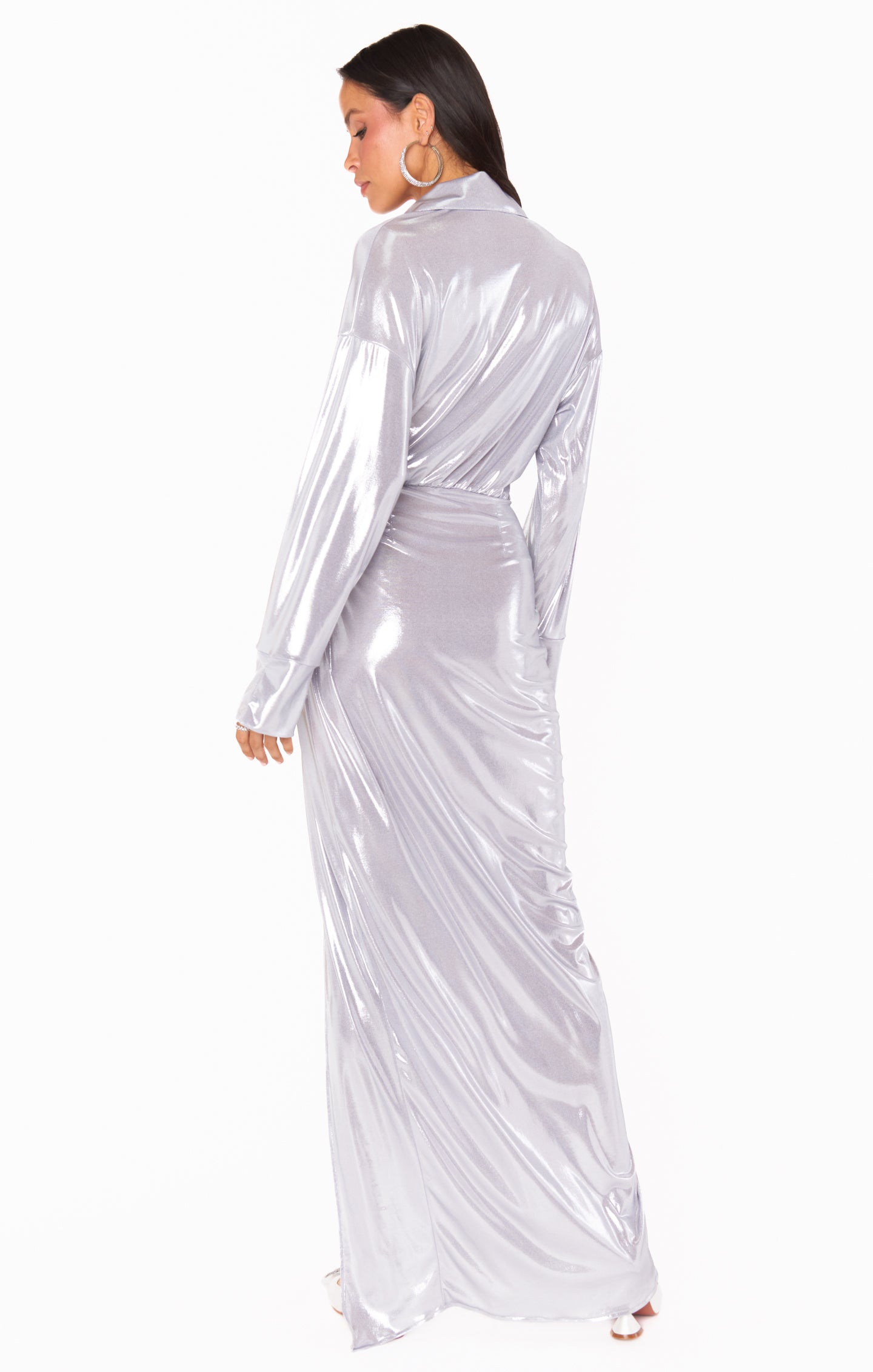 Clara Silver Liquid Stretch Collared Maxi Dress