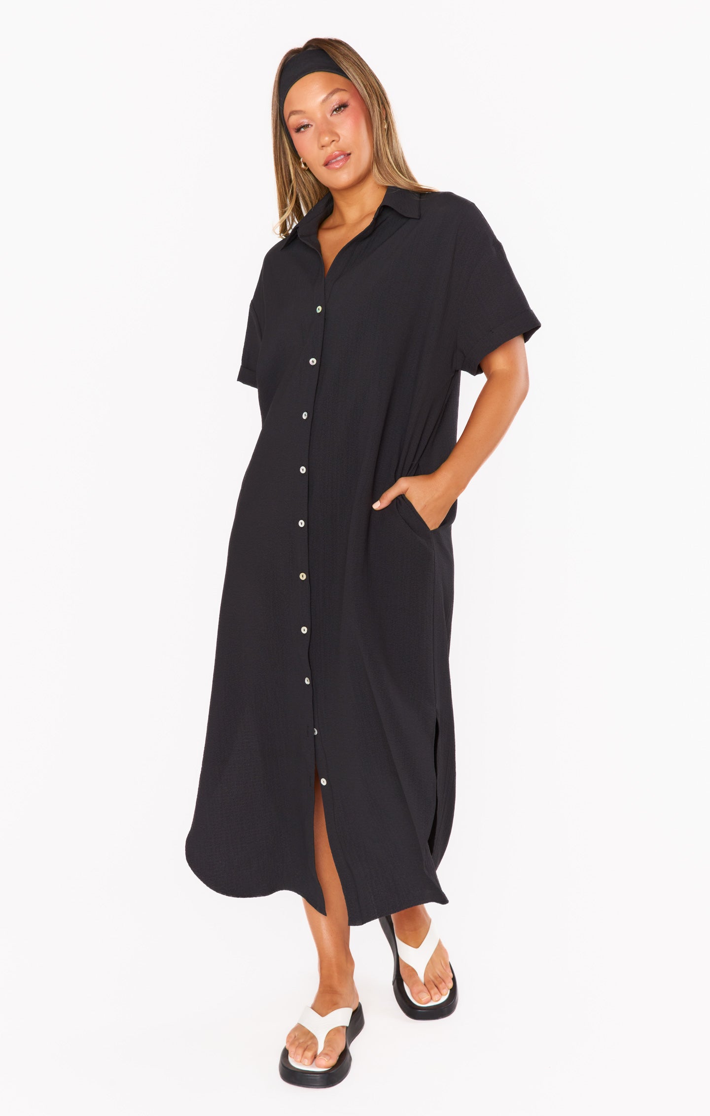 Black Button Down Dress with Pockets & Side Slits - Buoy