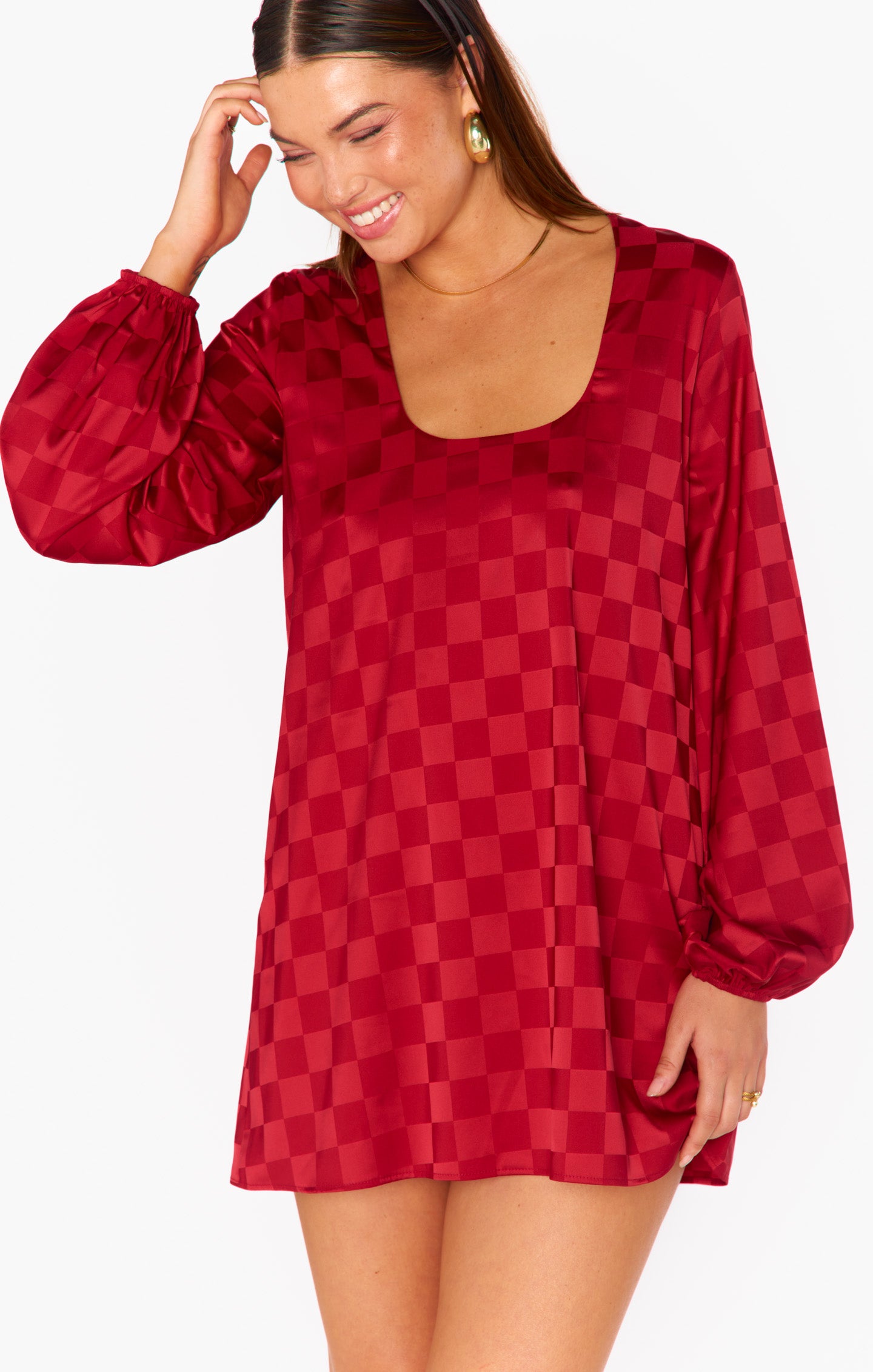 Red Checkerboard Satin Holiday Party Dress with Balloon Sleeves - Clarabelle
