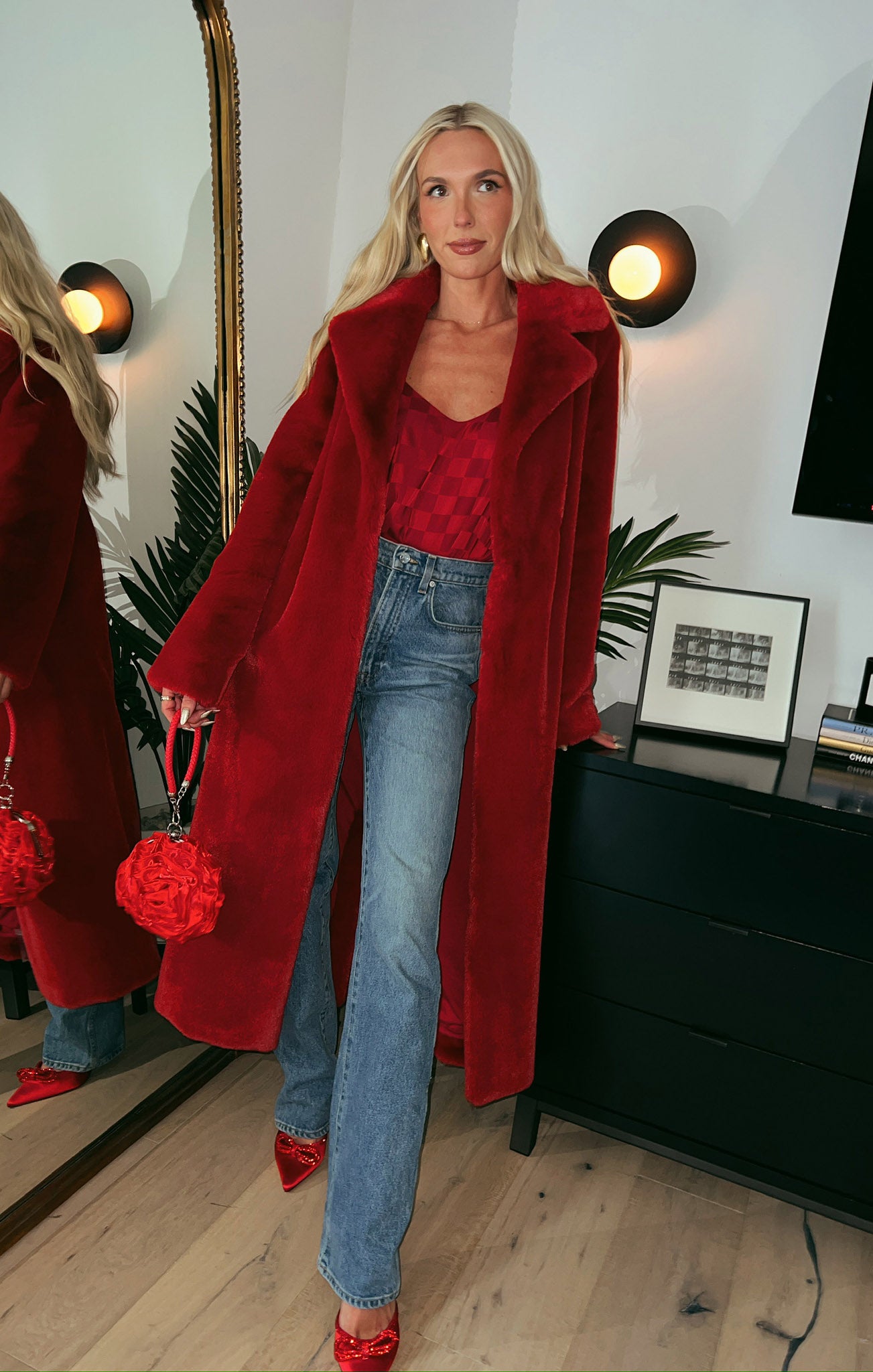 Red Faux Fur Jacket - Miss Tiffy Longline Winter Coat