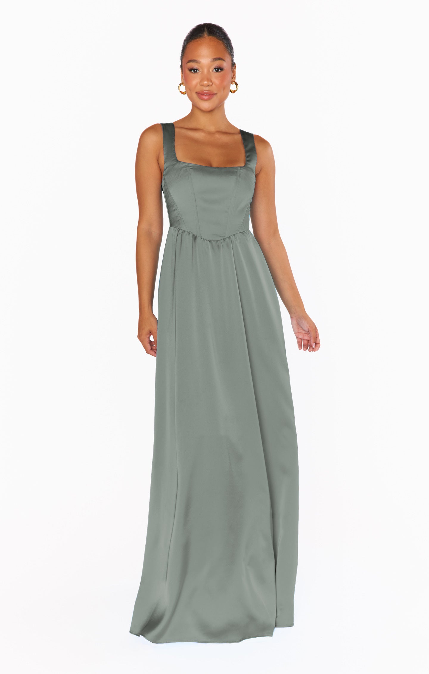 Nina Luxe Satin Maxi Dress with Corset Bodice - Deep Sage