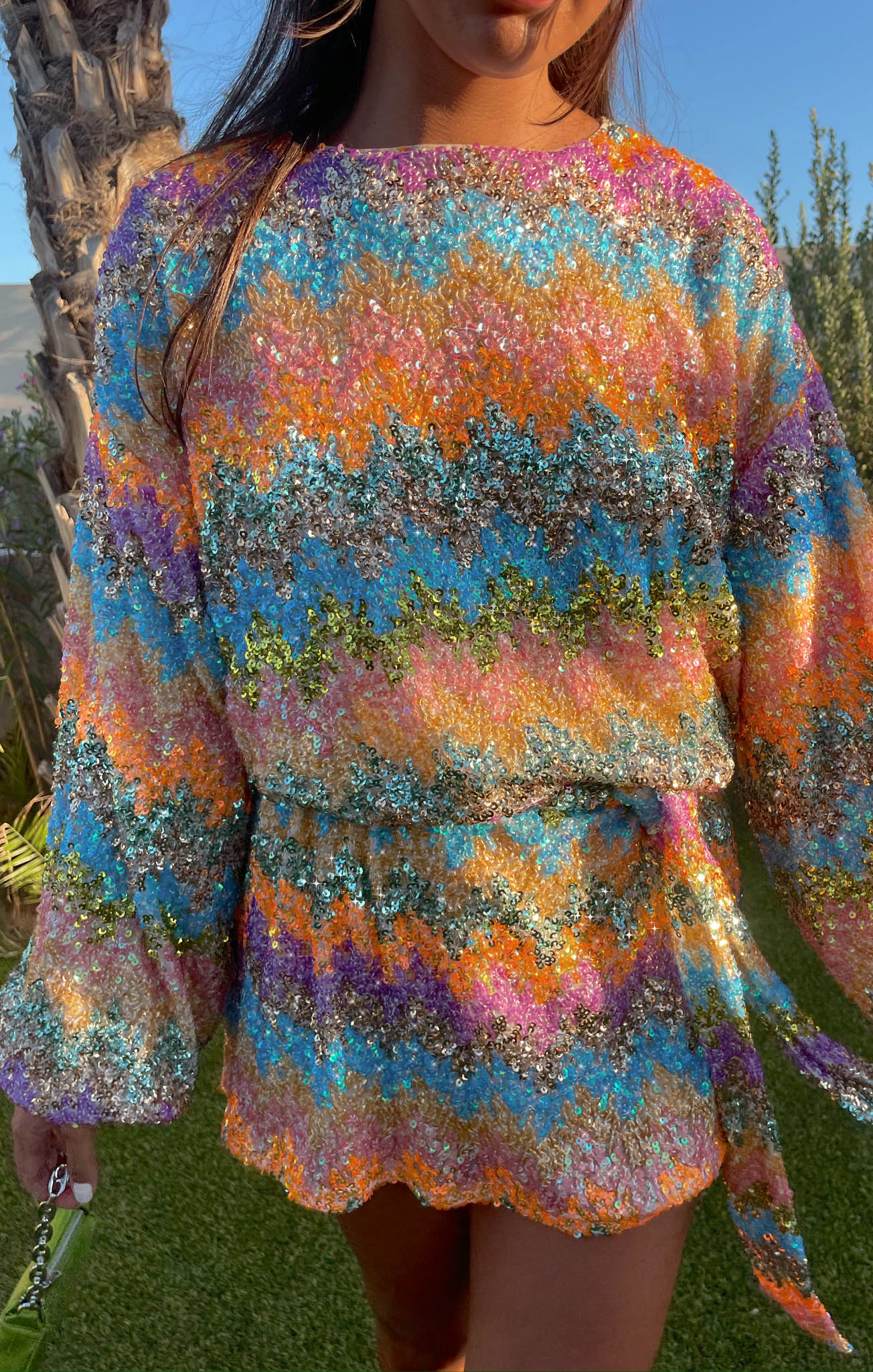 Wavy Sequin Mini Dress - Bubble Sleeves & Drop Shoulders