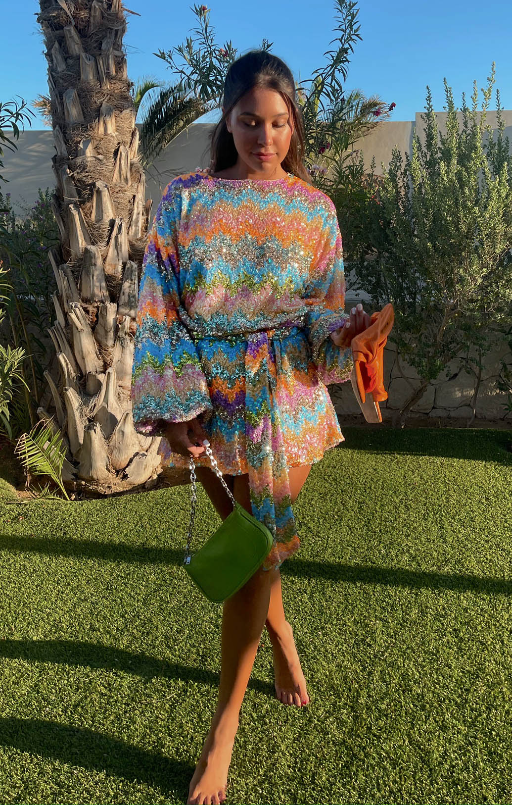 Wavy Sequin Mini Dress - Bubble Sleeves & Drop Shoulders