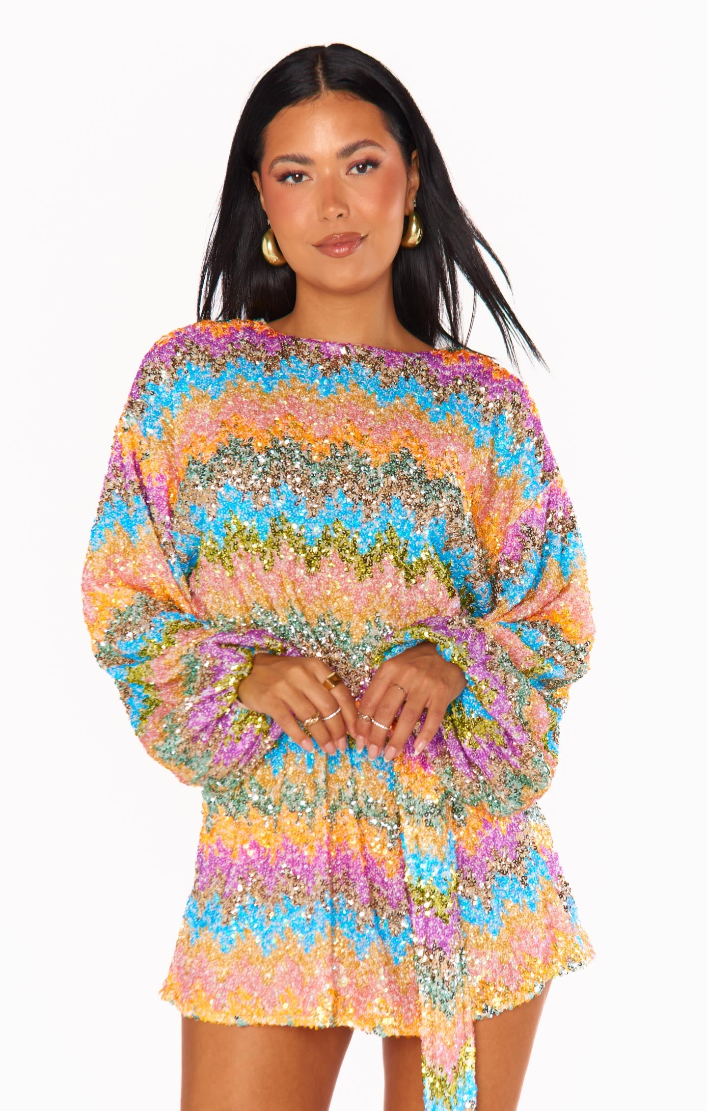 Wavy Sequin Mini Dress - Bubble Sleeves & Drop Shoulders