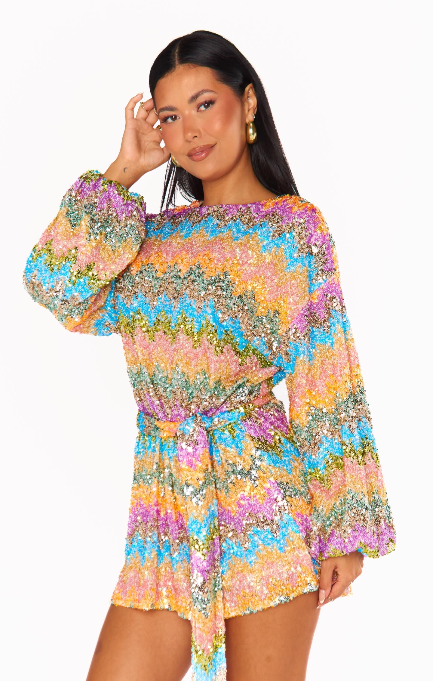 Wavy Sequin Mini Dress - Bubble Sleeves & Drop Shoulders