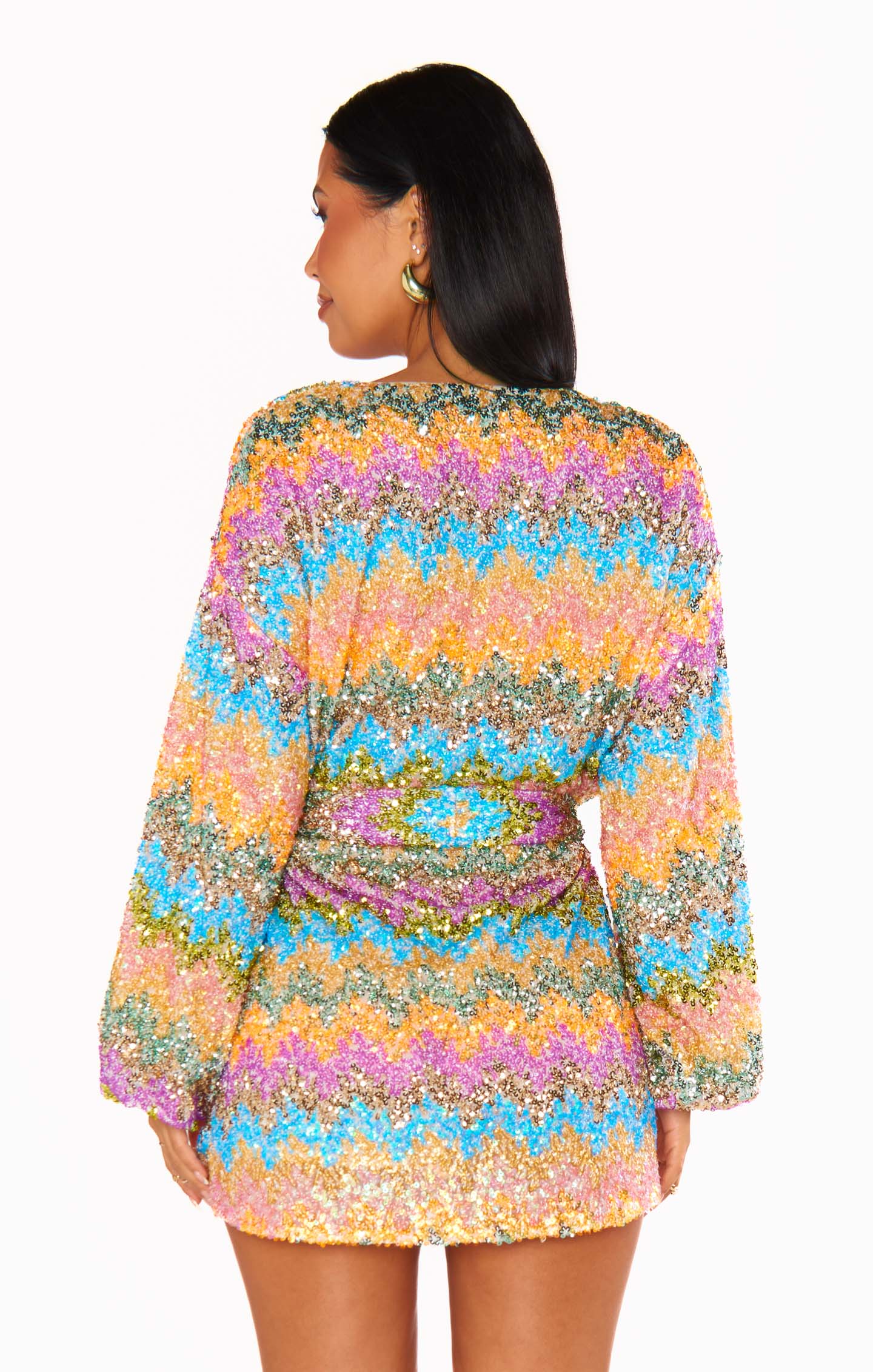 Wavy Sequin Mini Dress - Bubble Sleeves & Drop Shoulders