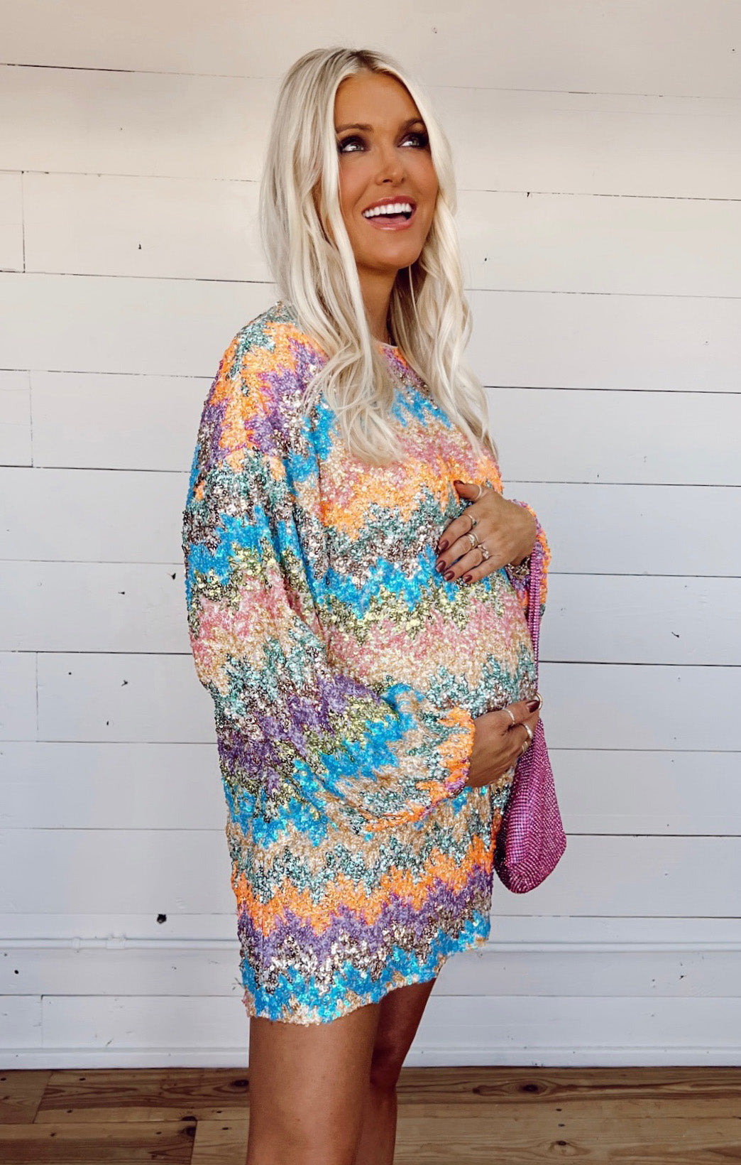 Wavy Sequin Mini Dress - Bubble Sleeves & Drop Shoulders