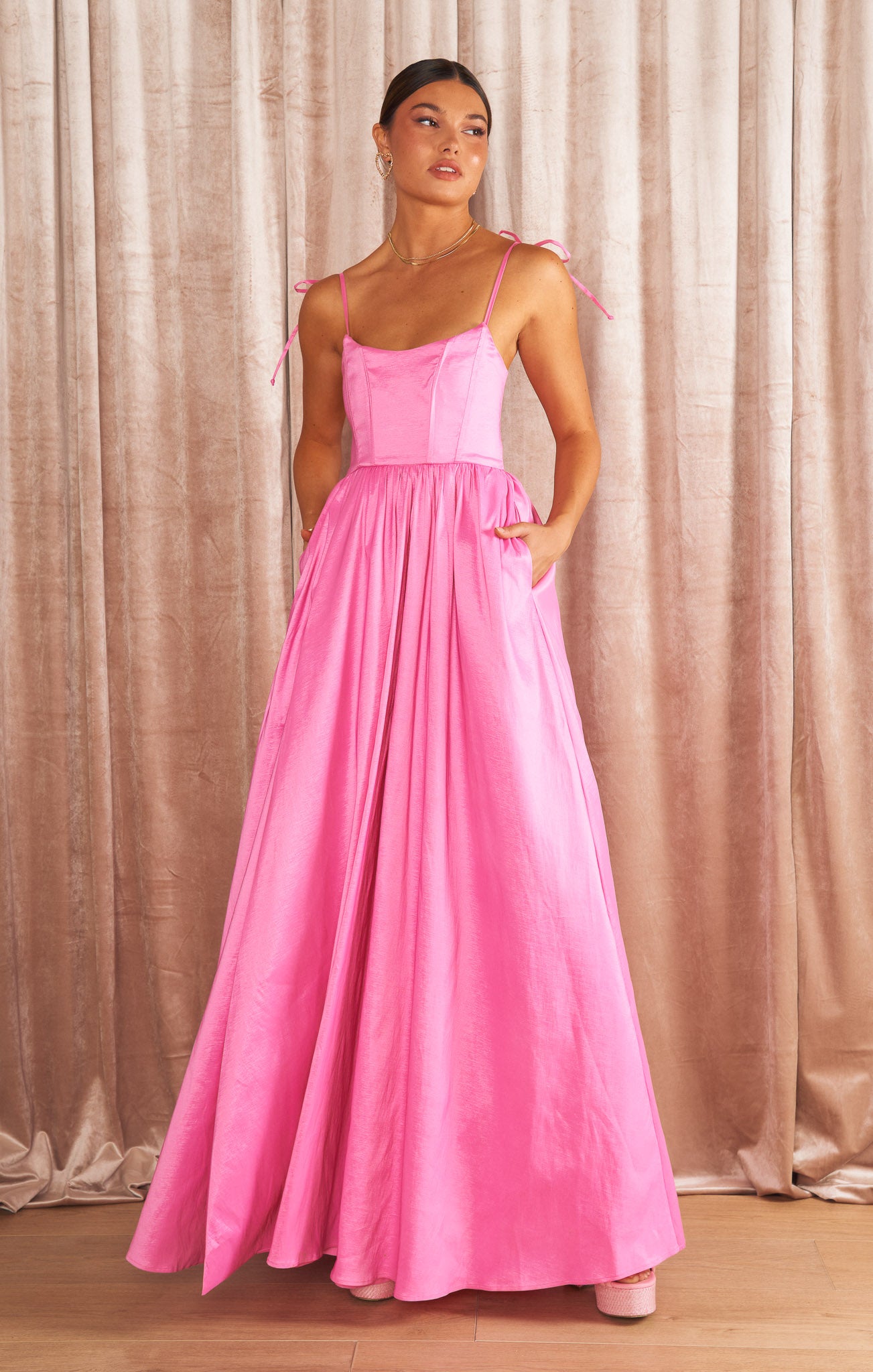 Juliet Pink Taffeta Maxi Dress with Corset Bodice & Side Slit