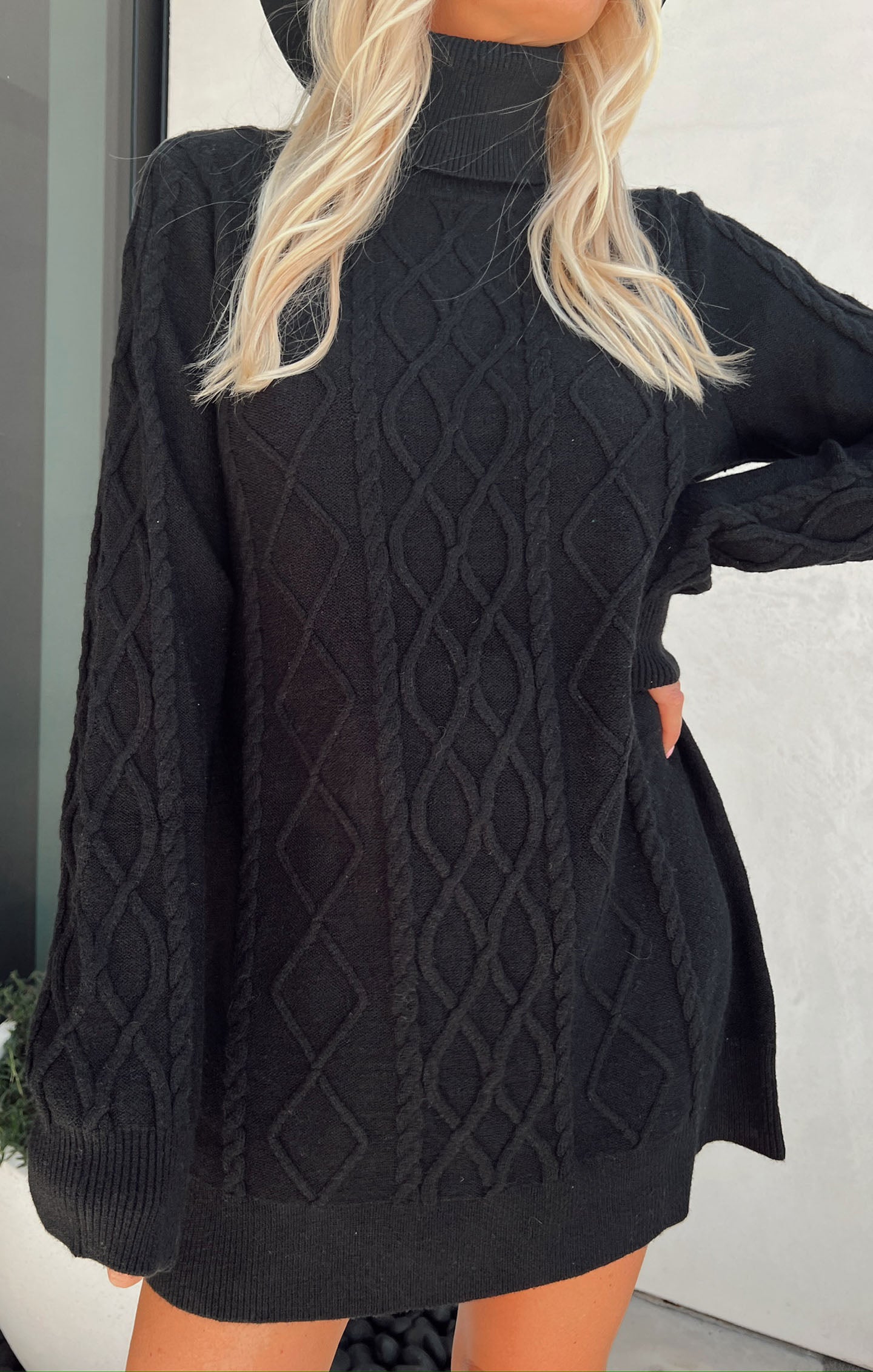 Black Cable Knit Mini Dress - Ribbed Turtleneck & Drop Shoulders