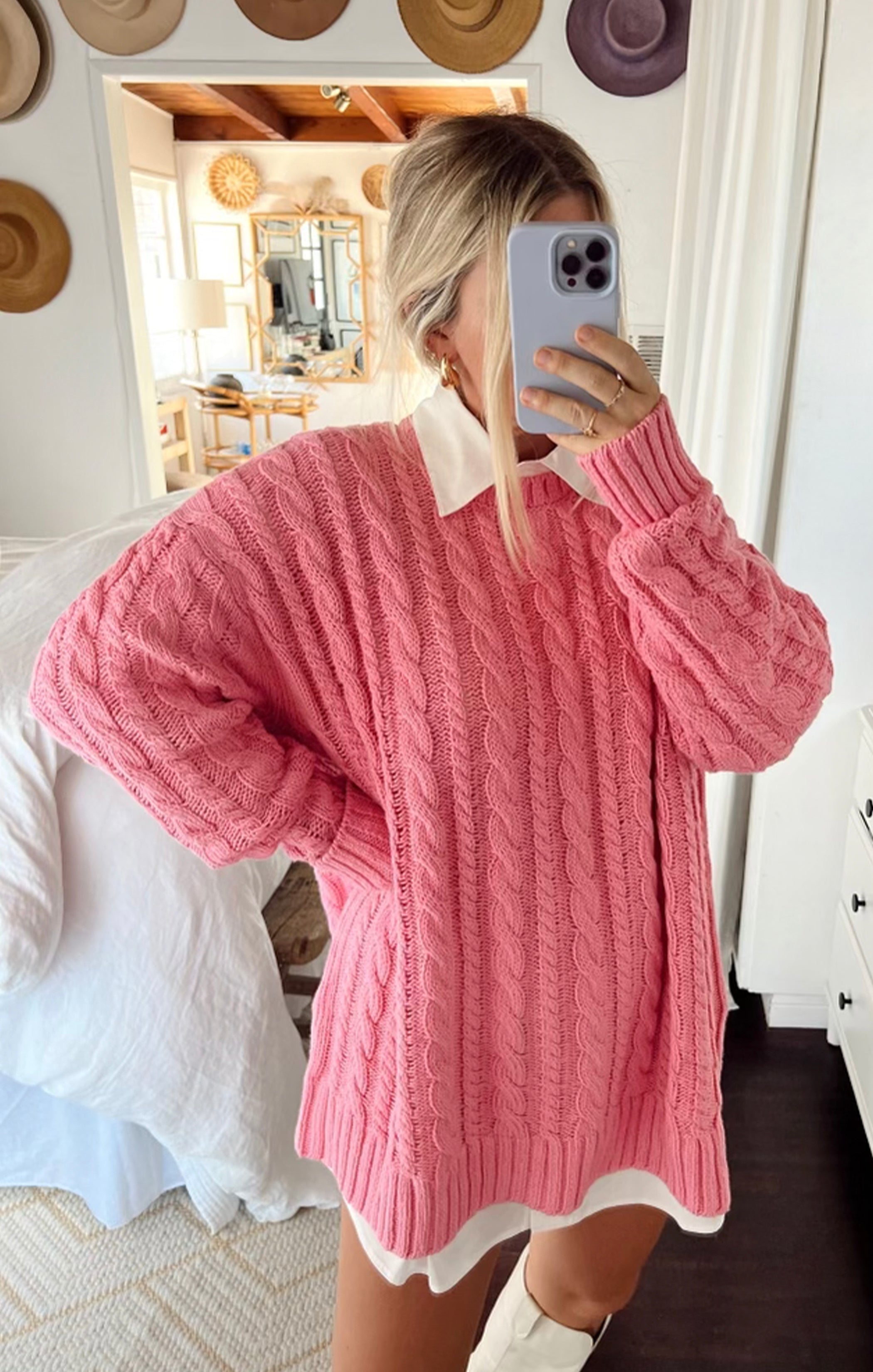 Pink Cable Knit Oversized Tunic Sweater for Women