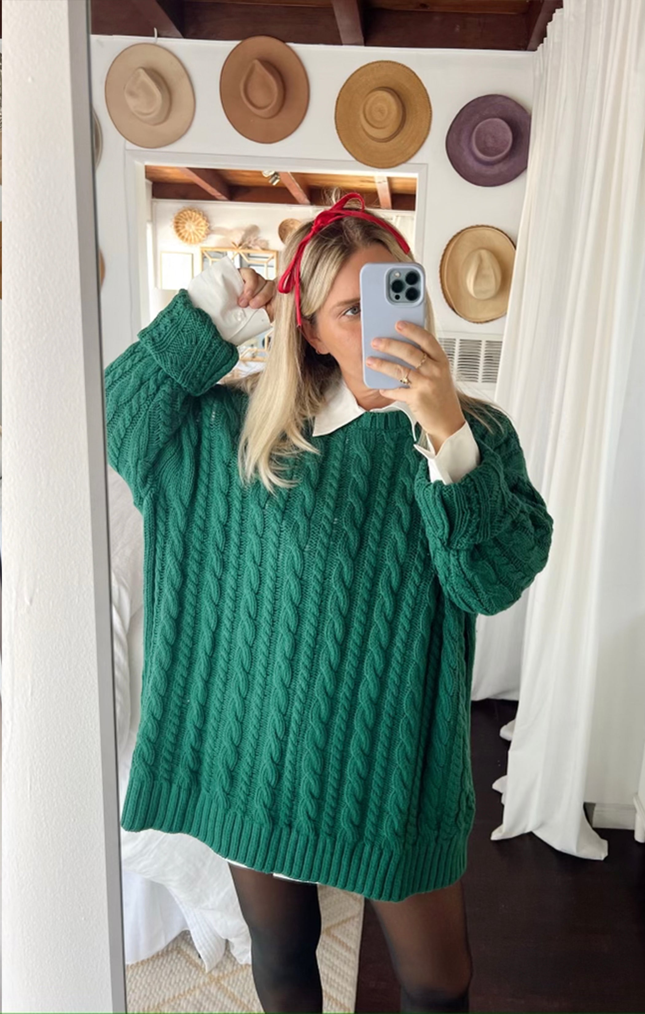 Emerald Cable Knit Oversized Sweater - Women's Tunic Top for Everyday Wear