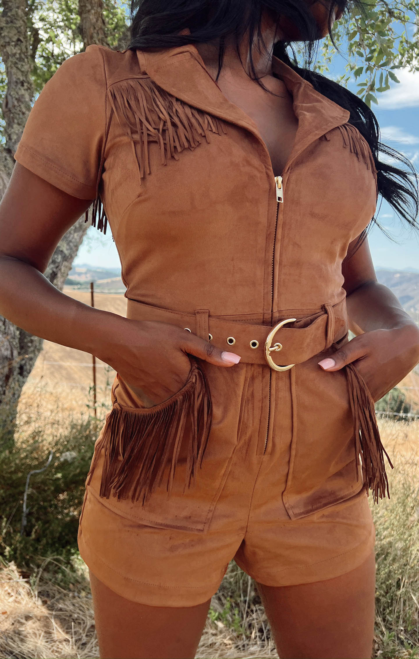 Faux Suede Fringe Romper - Outlaw Cognac Zip Front Jumpsuit