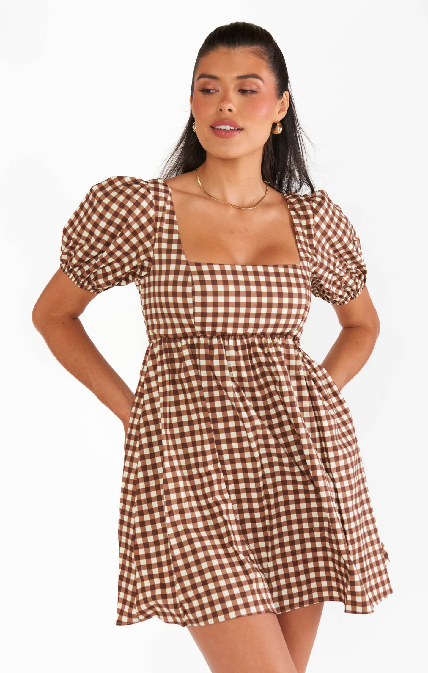 Brown Gingham Babydoll Dress with Square Neck & Puff Sleeves